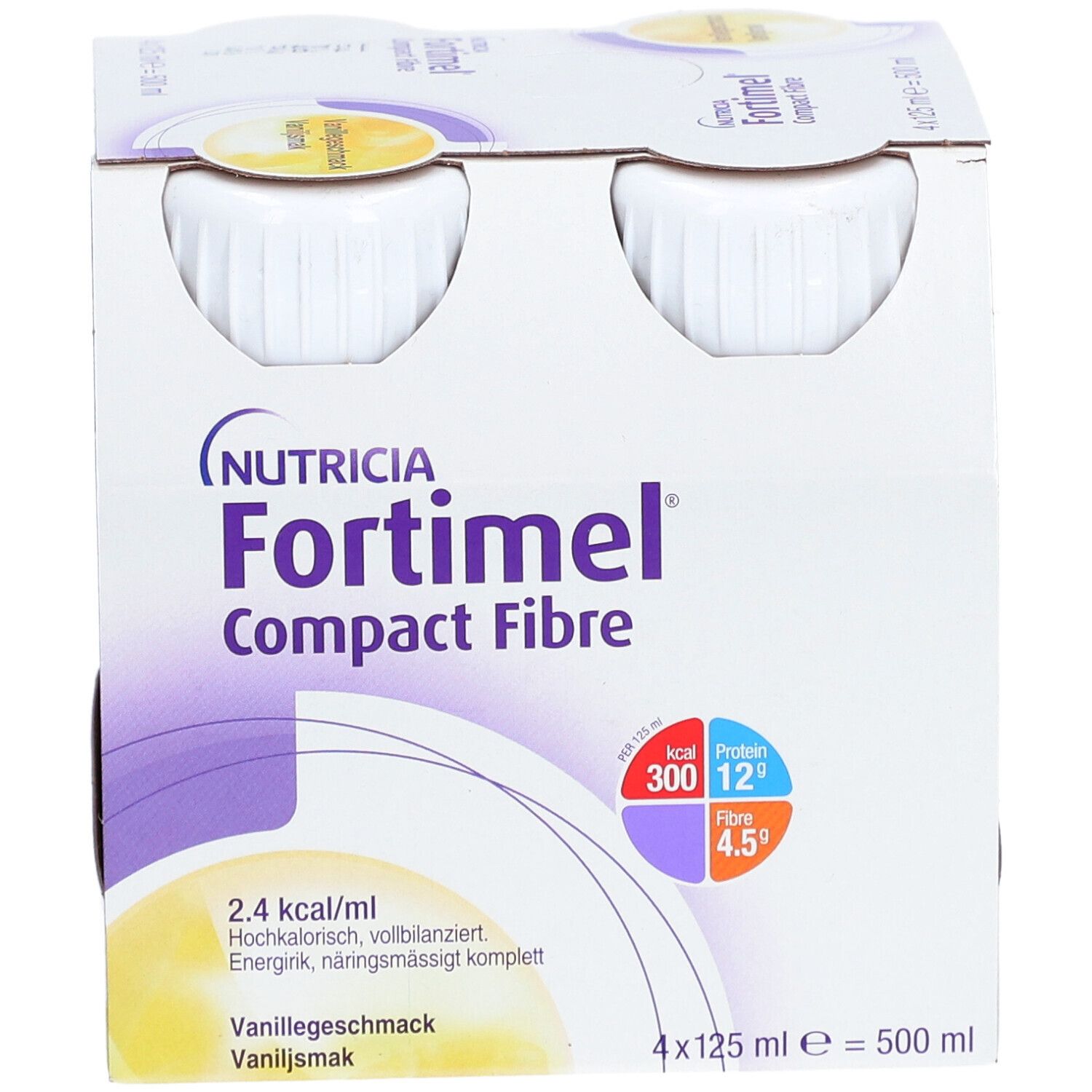 Packung mit vier Flaschen Fortimel Compact Fibre Vanille. Vorderseite mit Produktnamen und Nährwertangaben.