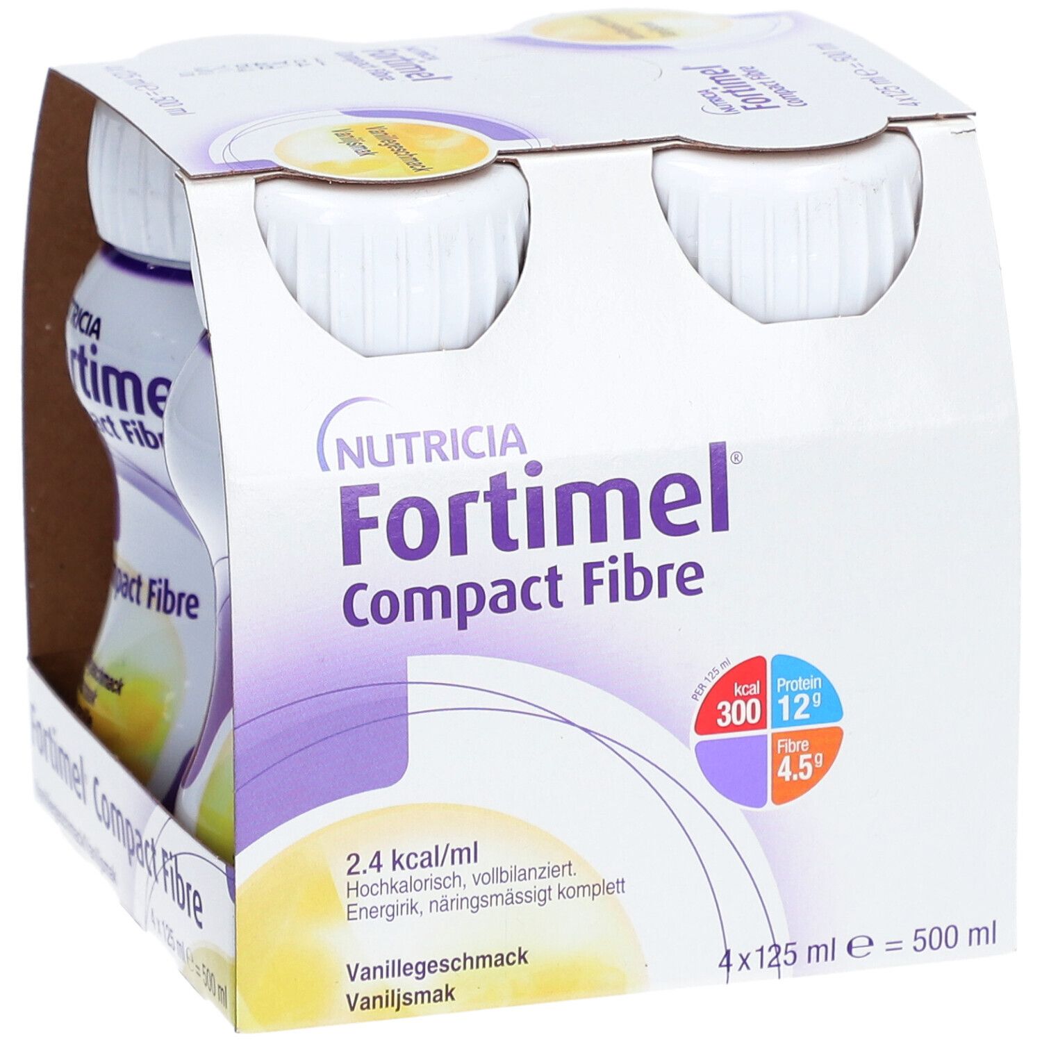 Packung mit vier Flaschen Fortimel Compact Fibre Vanille. Vorderseite mit Produktnamen und Nährwertangaben.