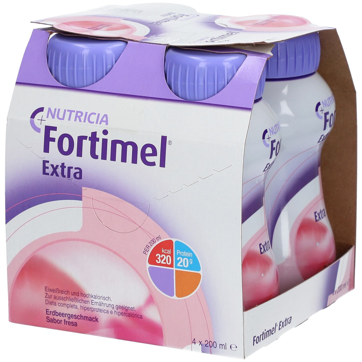 Emballage de quatre bouteilles. Inscription Fortimel Extra, goût fraise. Bouchons violets, bouteilles blanches. Informations nutritionnelles.