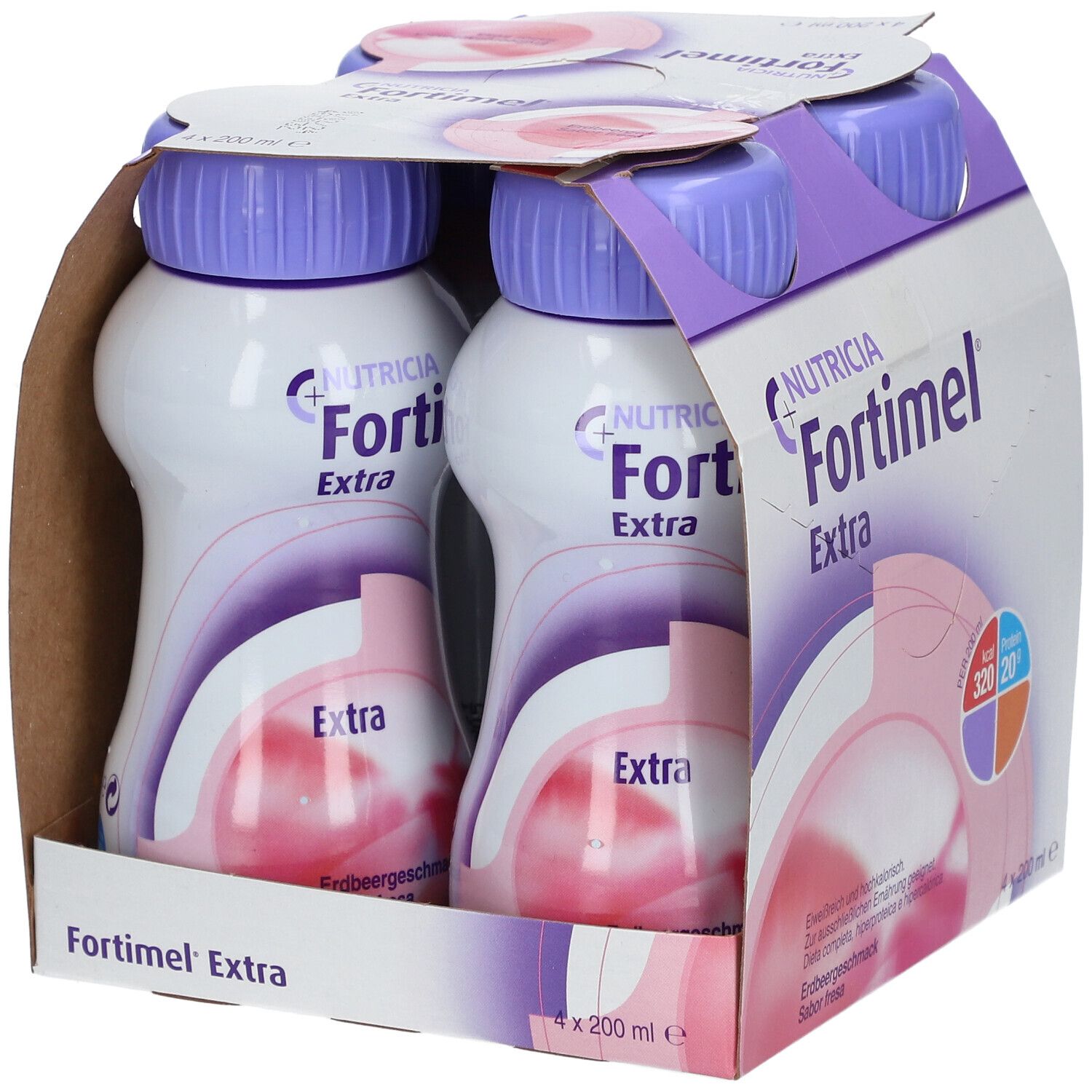 Emballage avec deux bouteilles visibles. Inscription Fortimel Extra, goût fraise. Bouchons violets, bouteilles blanches. Emballage carton.