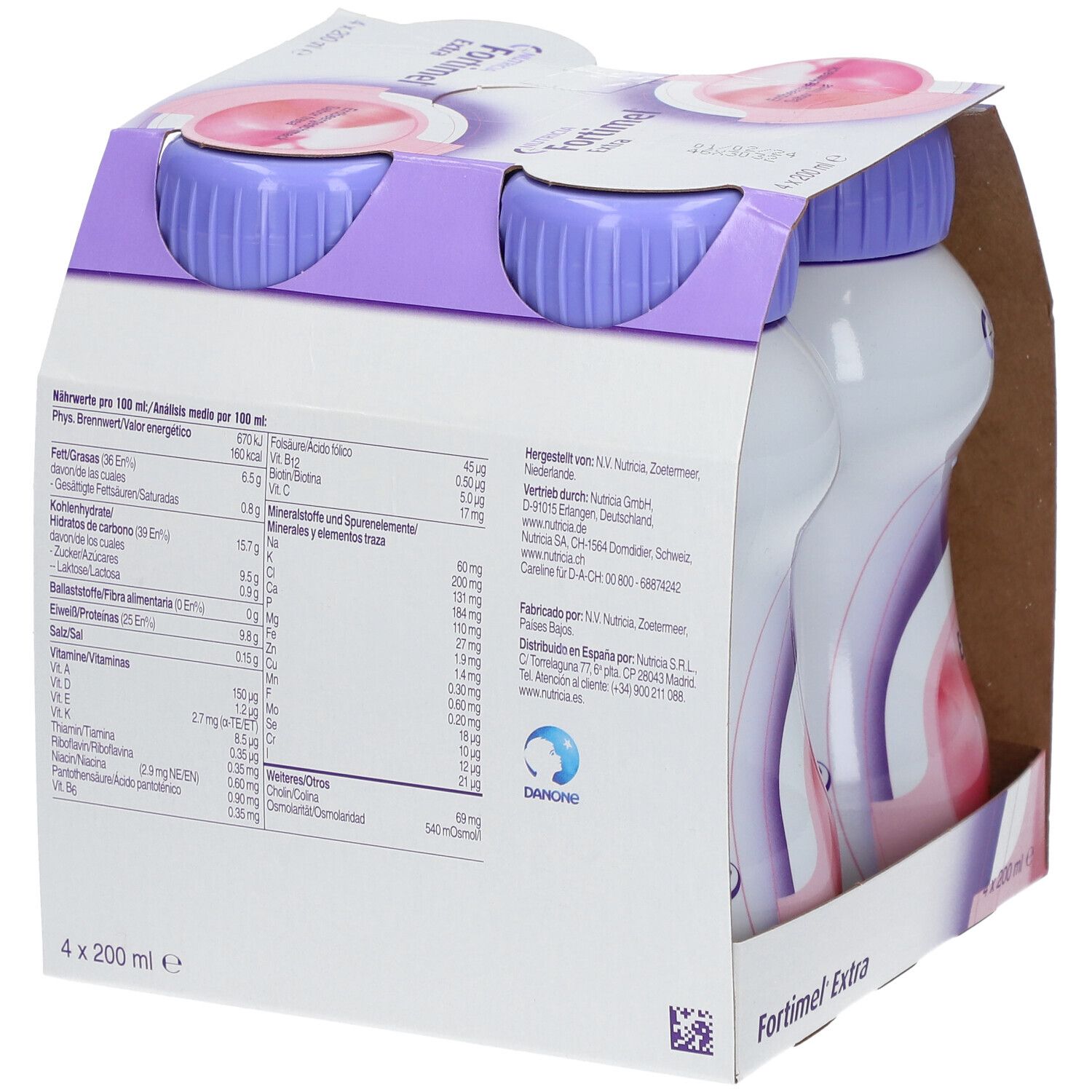 Dos de l'emballage avec informations nutritionnelles. Inscription Fortimel Extra. 4 bouteilles, 200 ml. Informations fabricant et ingrédients.