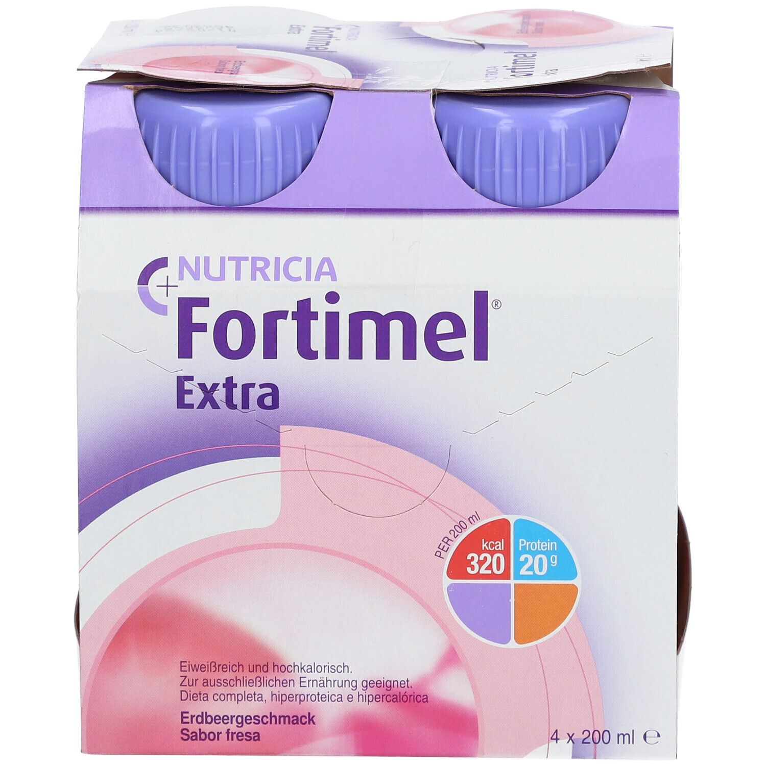 Emballage de quatre bouteilles. Inscription Fortimel Extra, goût fraise. Bouchons violets, bouteilles blanches. Informations nutritionnelles pour 100 ml.