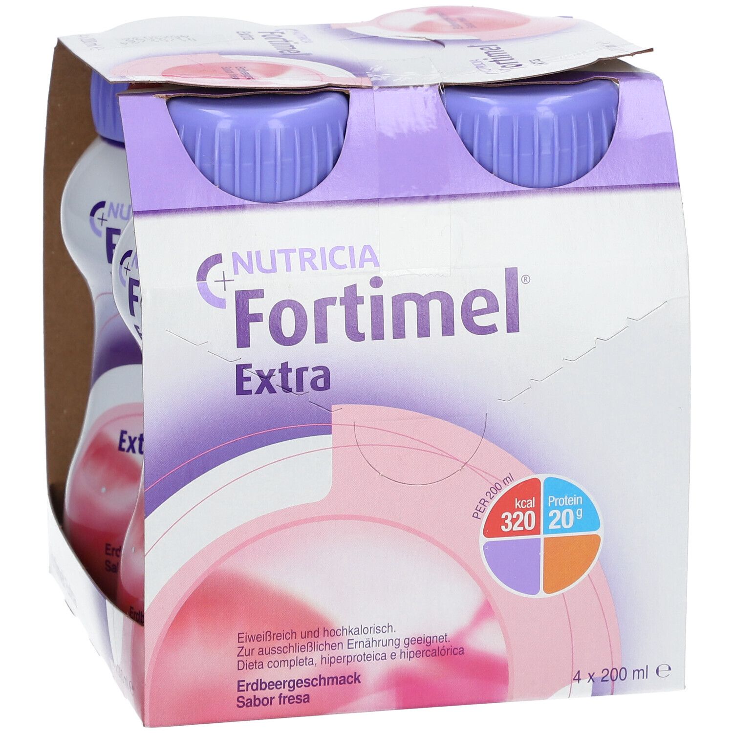 Emballage de quatre bouteilles. Inscription Fortimel Extra, goût fraise. Bouchons violets, bouteilles blanches. Informations nutritionnelles.