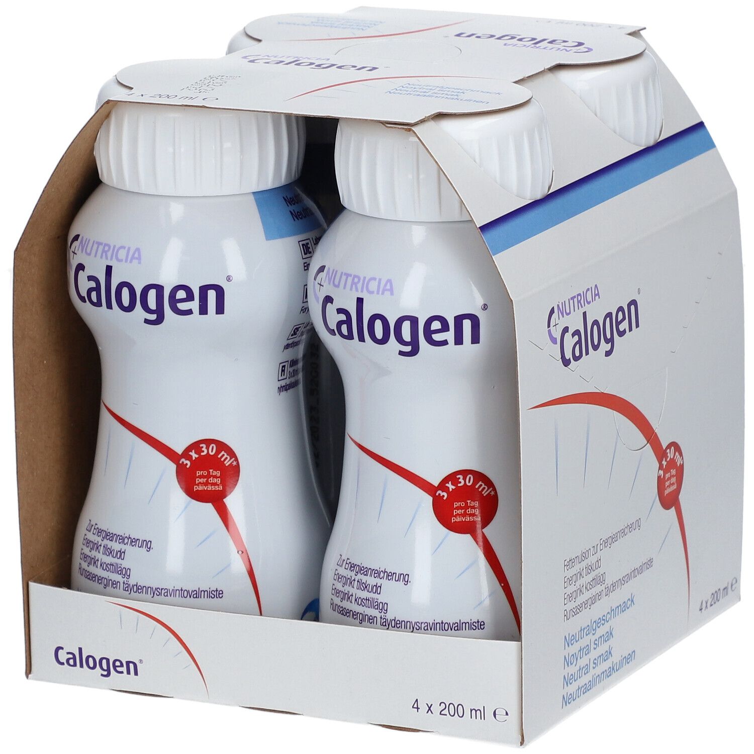 Packung mit vier Flaschen Calogen. Aufschrift: Nutricia Calogen. Fettemulsion zur Energieanreicherung. Neutraler Geschmack.