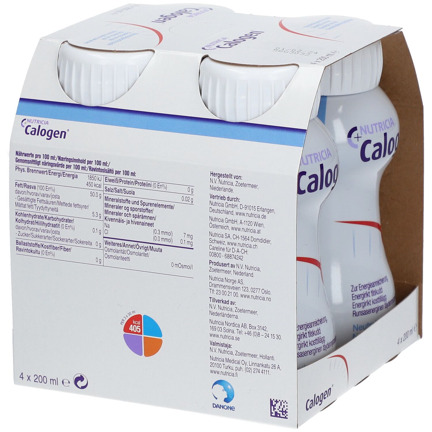 Packung mit vier Flaschen Calogen. Aufschrift: Nutricia Calogen. Rückseite mit Nährwertangaben und Herstellerinformationen.