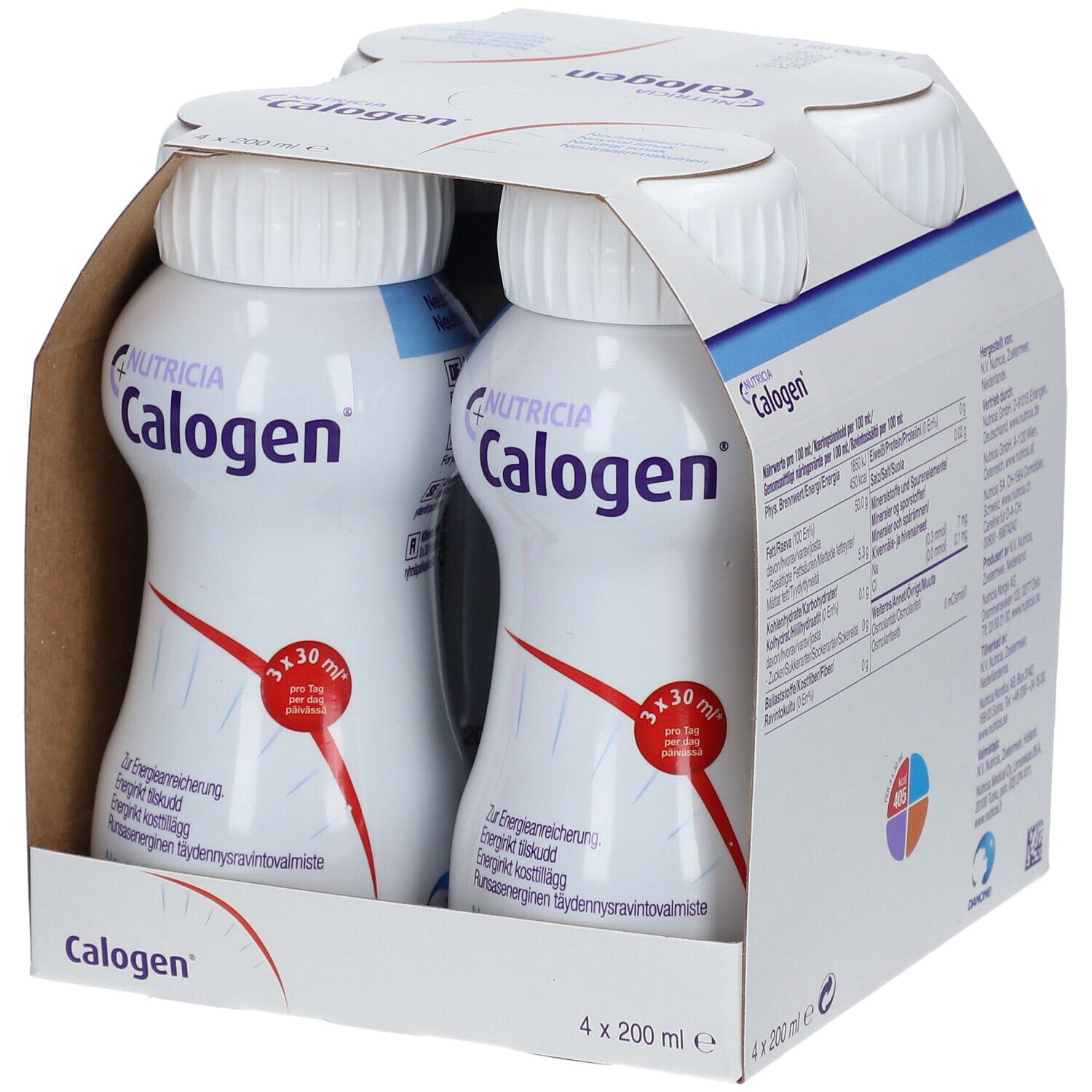 Packung mit vier Flaschen Calogen. Aufschrift: Nutricia Calogen. Fettemulsion zur Energieanreicherung. Neutraler Geschmack.