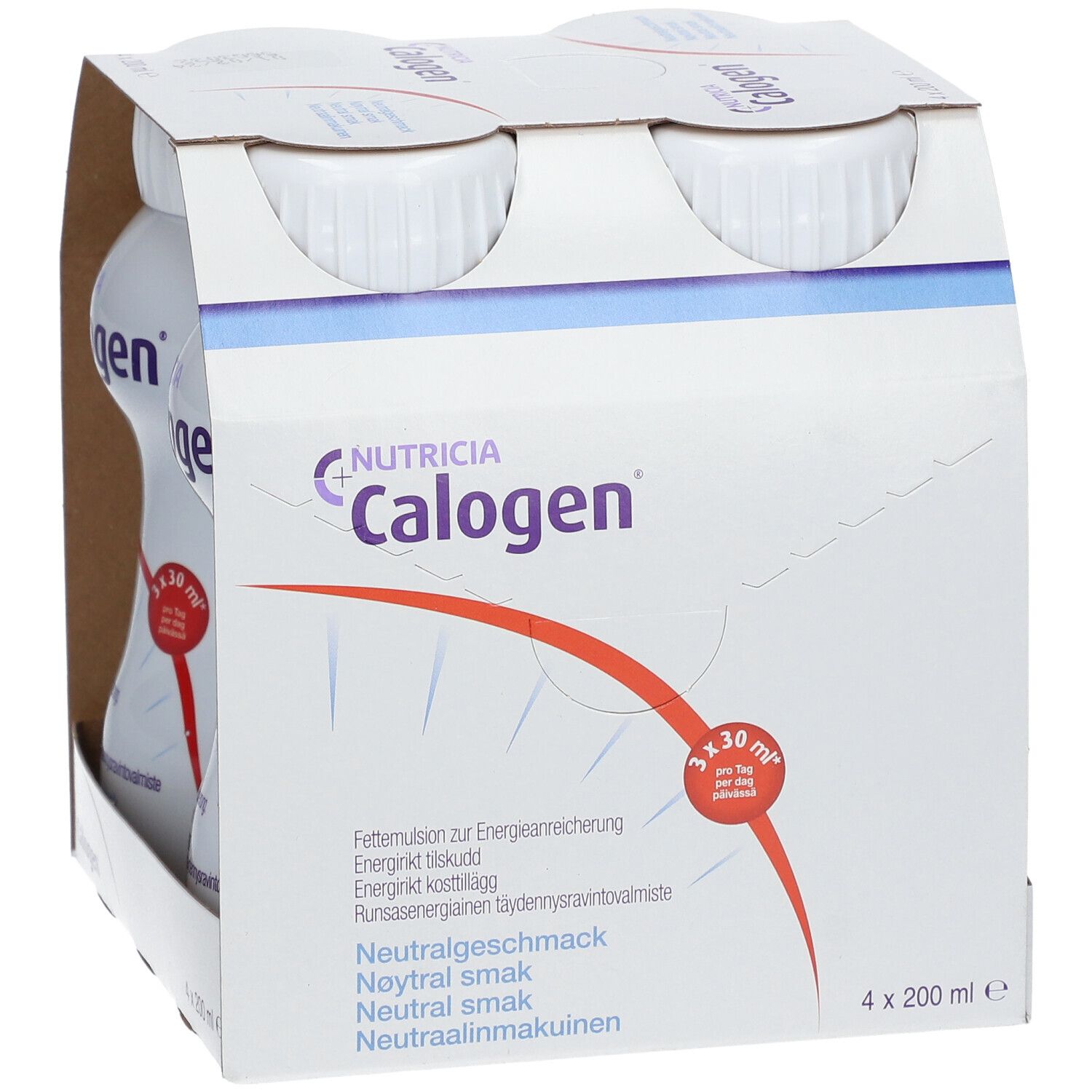 Packung mit vier Flaschen Calogen. Aufschrift: Nutricia Calogen. Fettemulsion zur Energieanreicherung. Neutraler Geschmack.