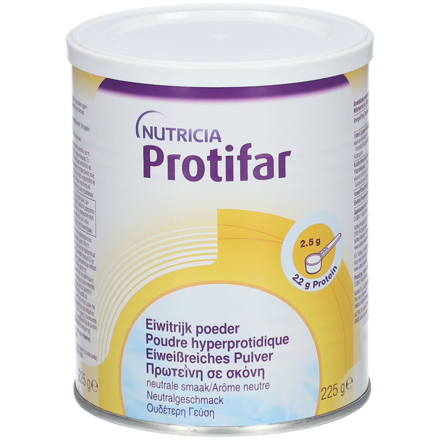 Boîte cylindrique avec couvercle blanc. Inscription : Nutricia Protifar. Contient 2,5 g de protéines par portion. Désignations multilingues.