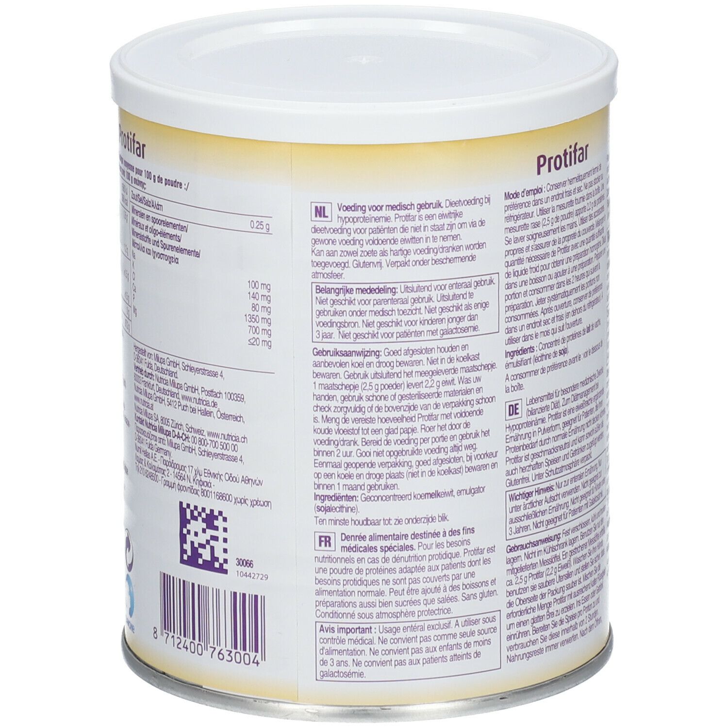 Boîte avec texte en plusieurs langues. Contient des informations sur l'utilisation médicale. Avec couvercle blanc et fond jaune. 225g.