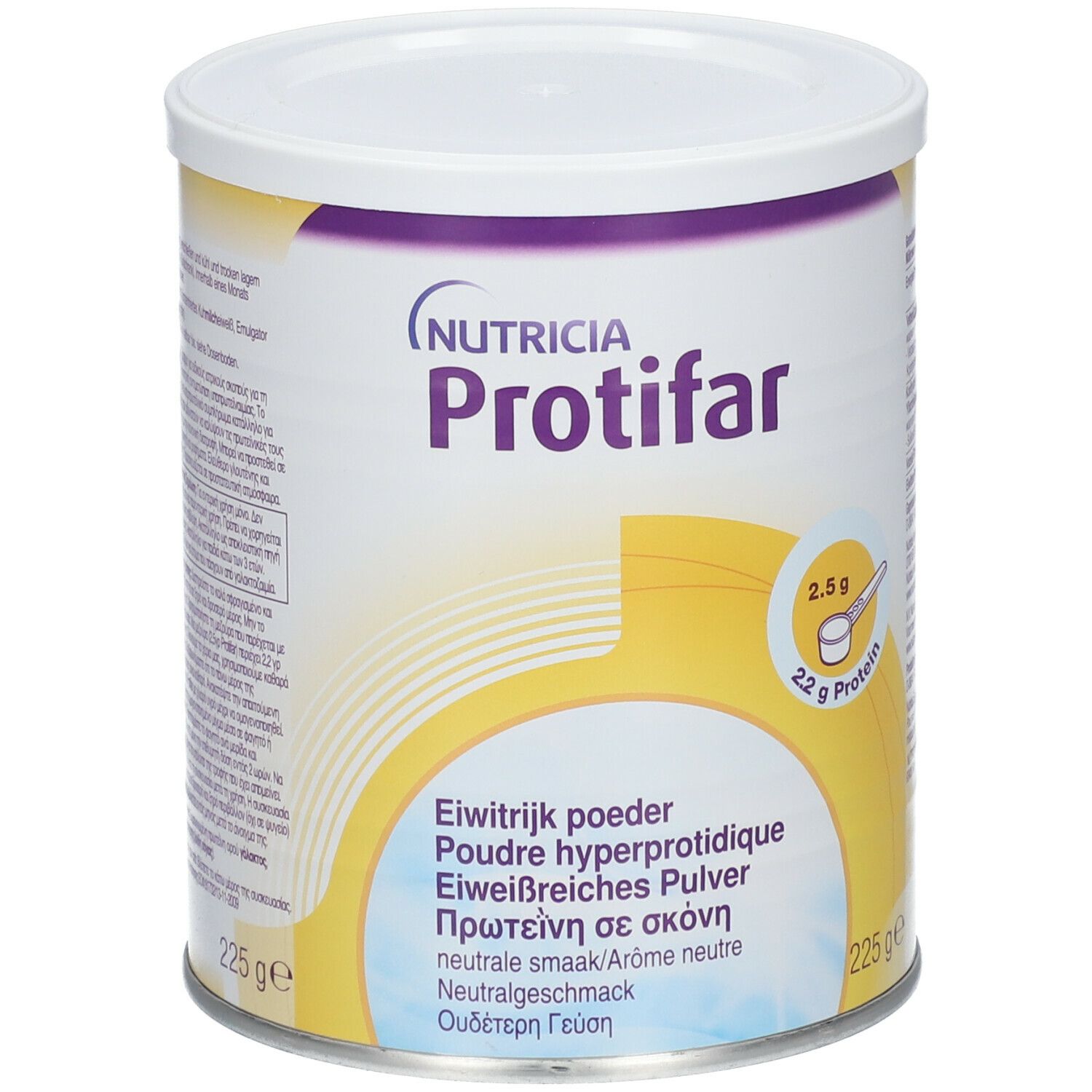 Boîte cylindrique avec couvercle blanc. Inscription : Nutricia Protifar. Contient 2,5 g de protéines par portion. Désignations multilingues.