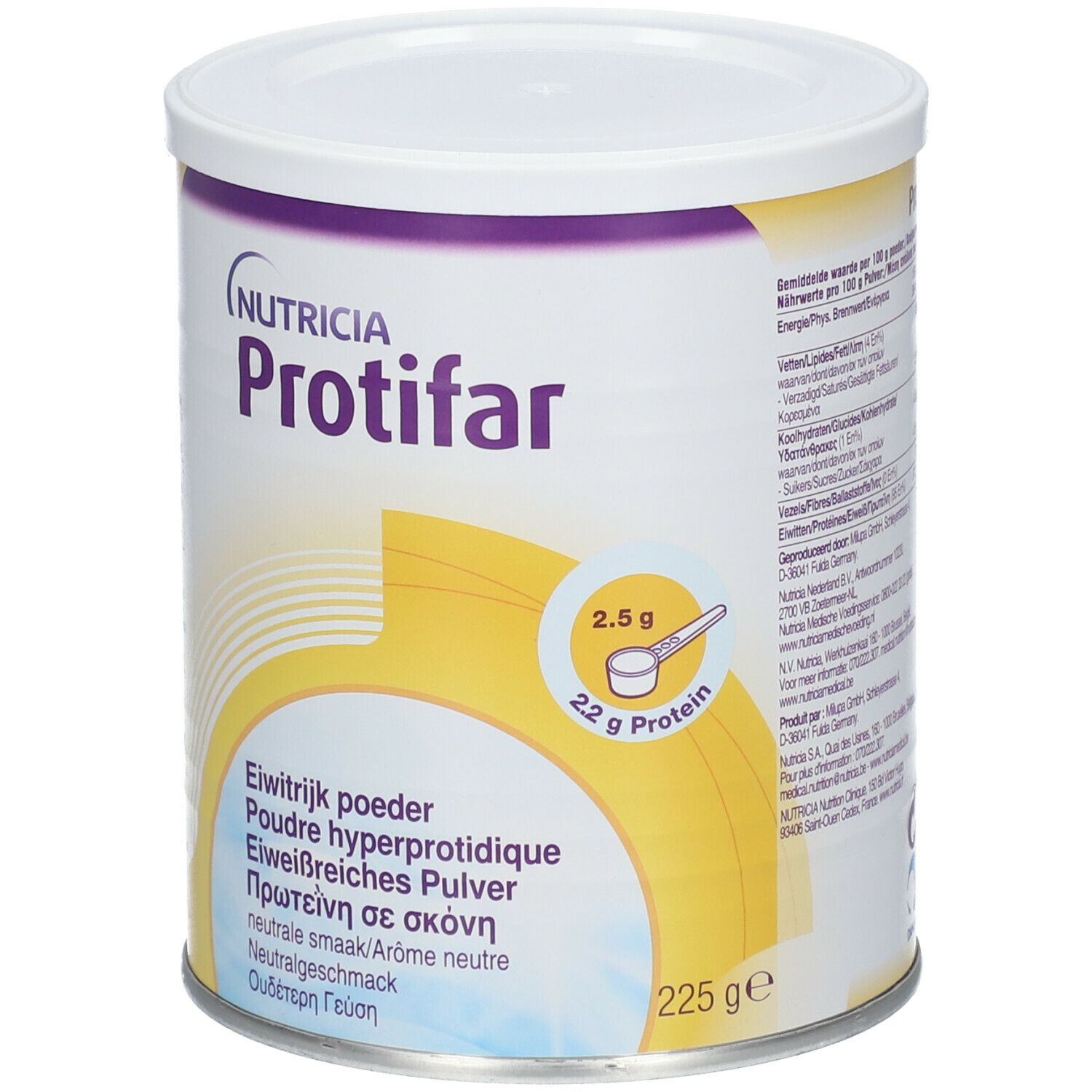 Boîte cylindrique avec couvercle blanc. Inscription : Nutricia Protifar. Contient 2,5 g de protéines par portion. Désignations multilingues.