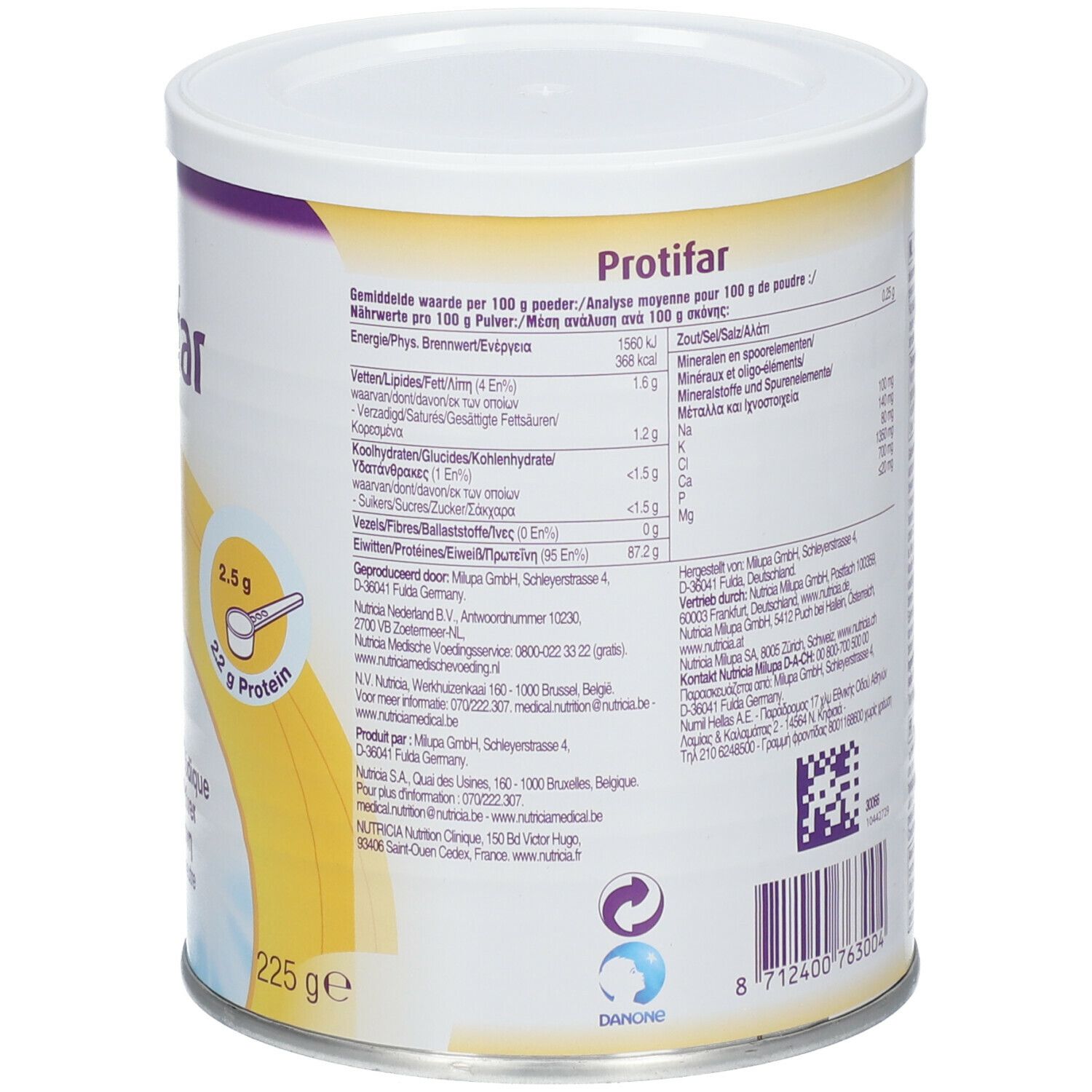 Dos de la boîte. Informations nutritionnelles. Texte en plusieurs langues. Avec couvercle blanc et fond jaune. 225g. Code QR.