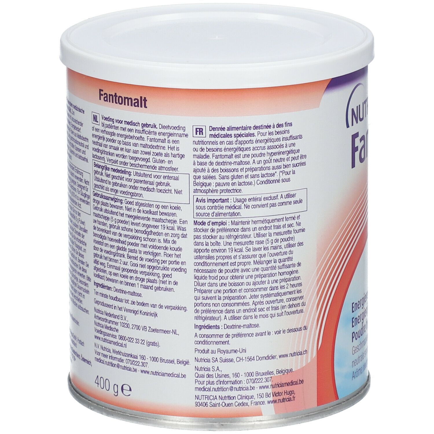 Rückseite der Fantomalt-Dose. Text in Deutsch, Niederländisch und Französisch. Enthält Informationen zur Verwendung und Inhaltsstoffe. 400g.