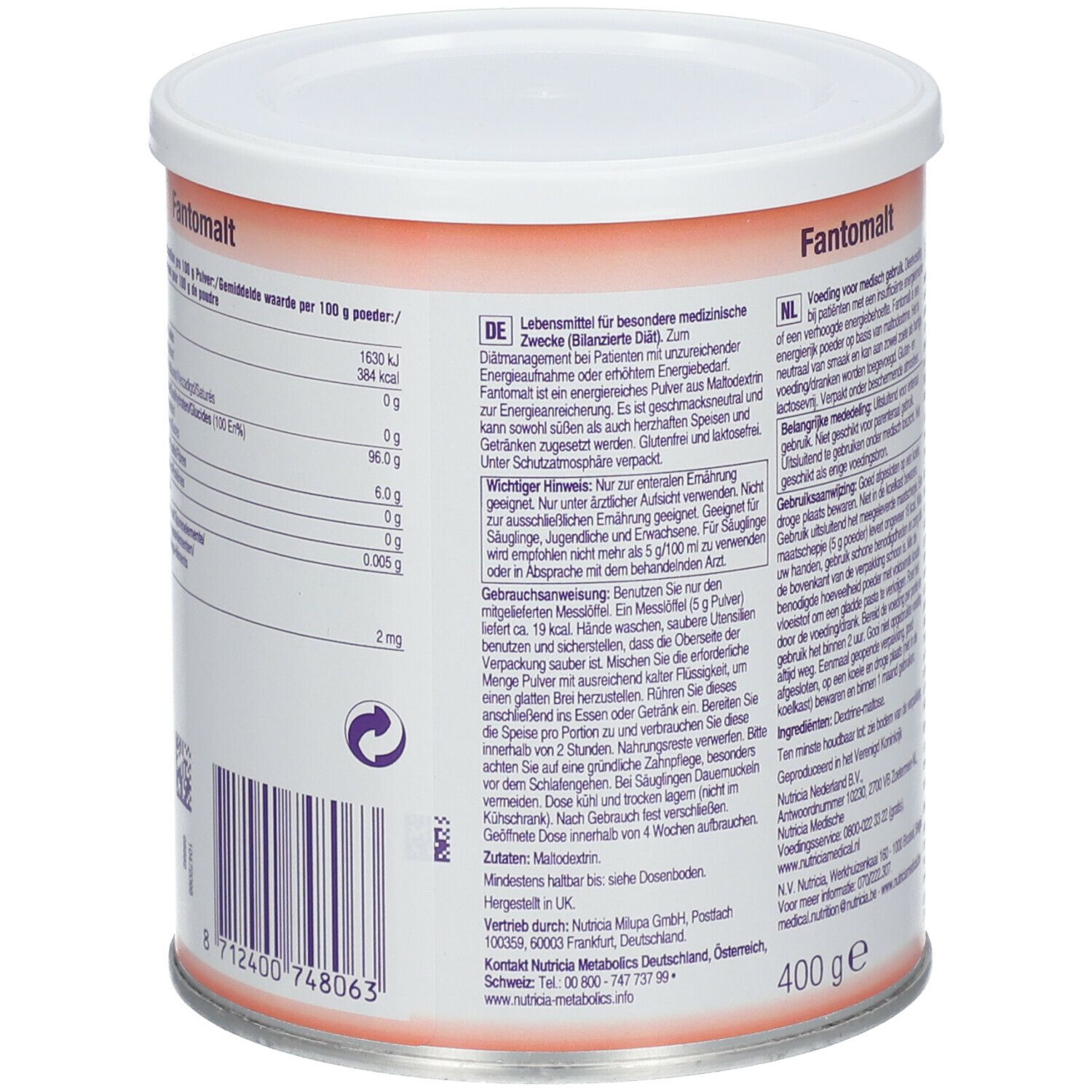 Rückseite der Fantomalt-Dose. Nährwertangaben und weitere Informationen. Text in Deutsch, Niederländisch und Französisch. 400g.