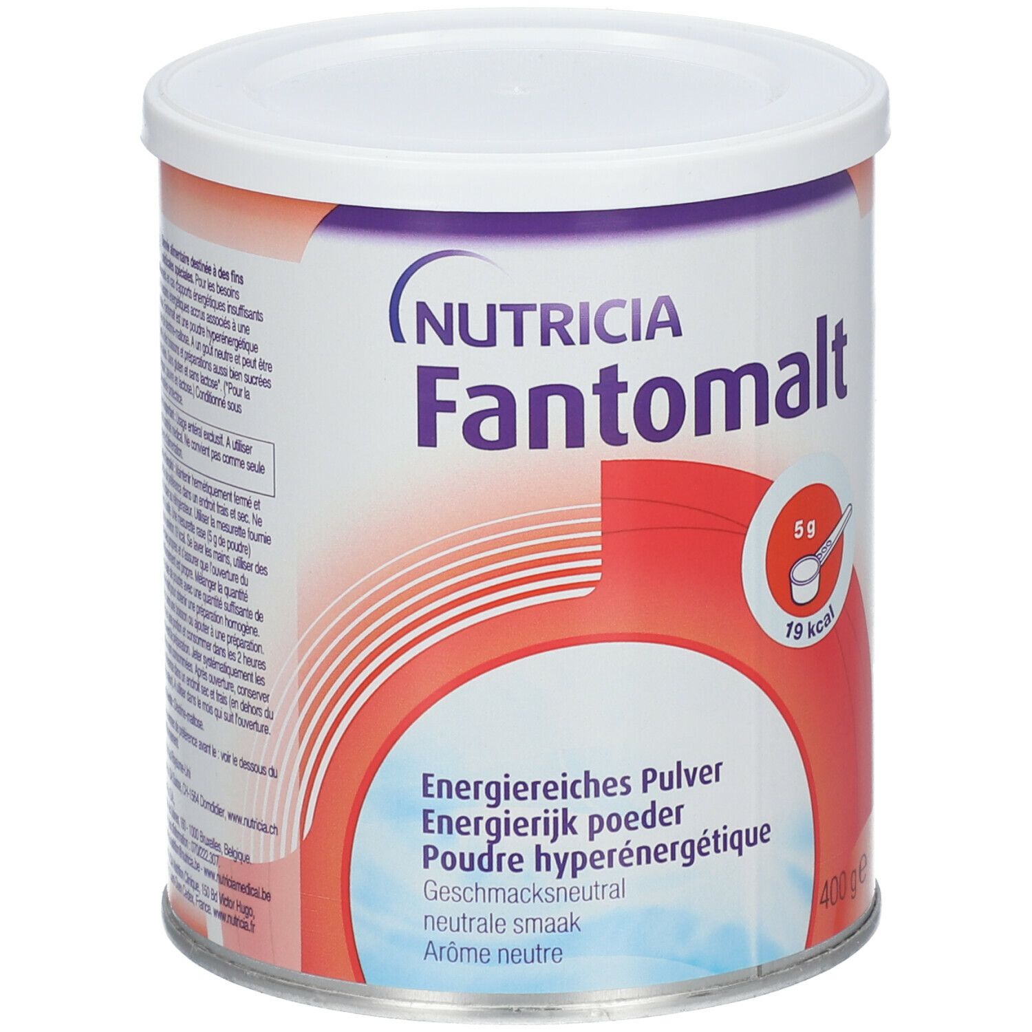 Fantomalt-Dose von Nutricia. Weißer Deckel, roter und weißer Hintergrund. Aufschrift: Energetisches Pulver, 400g, 5g/19 kcal.
