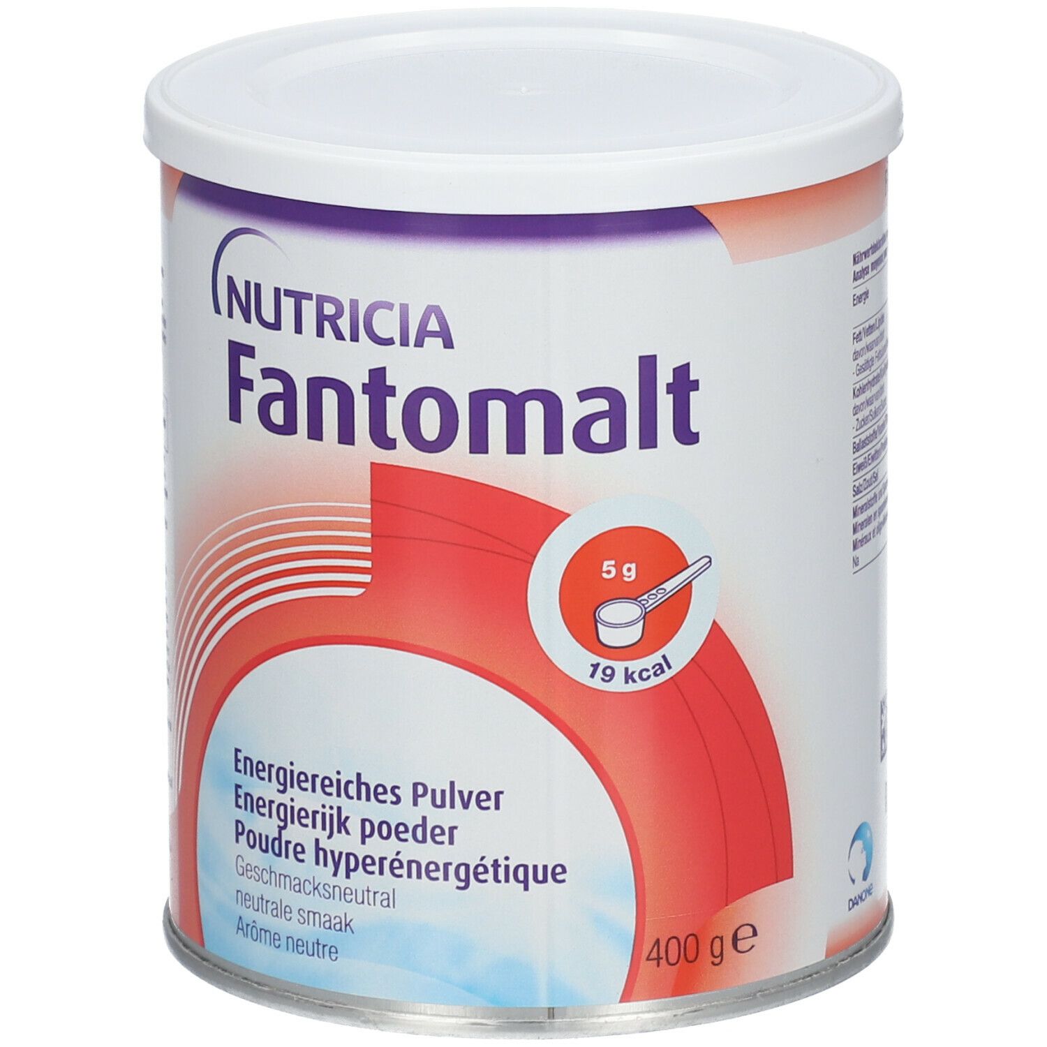 Fantomalt-Dose von Nutricia. Weißer Deckel, roter und weißer Hintergrund. Aufschrift: Energetisches Pulver, 400g, 5g/19 kcal.