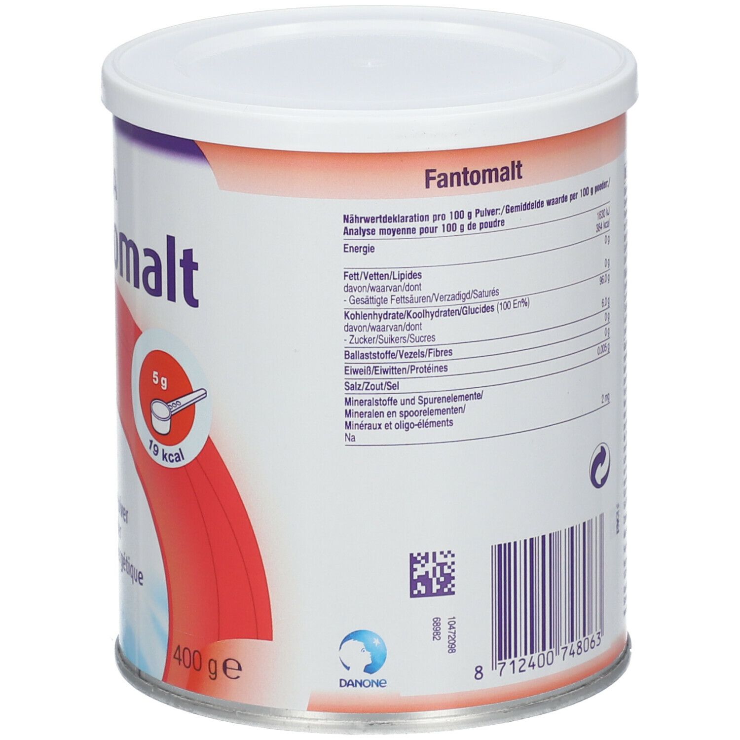 Rückseite der Fantomalt-Dose. Nährwertangaben. Text in Deutsch, Niederländisch und Französisch. 400g.