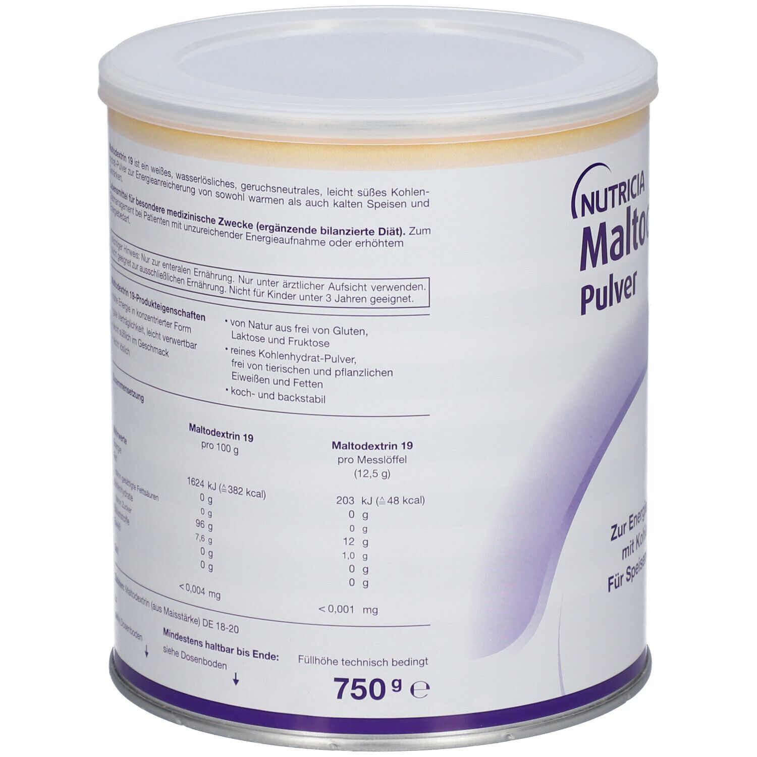 Dose NUTRICIA Maltodextrin 19, weißer Deckel, gelber Rand, Text und Nährwertangaben. 750g.