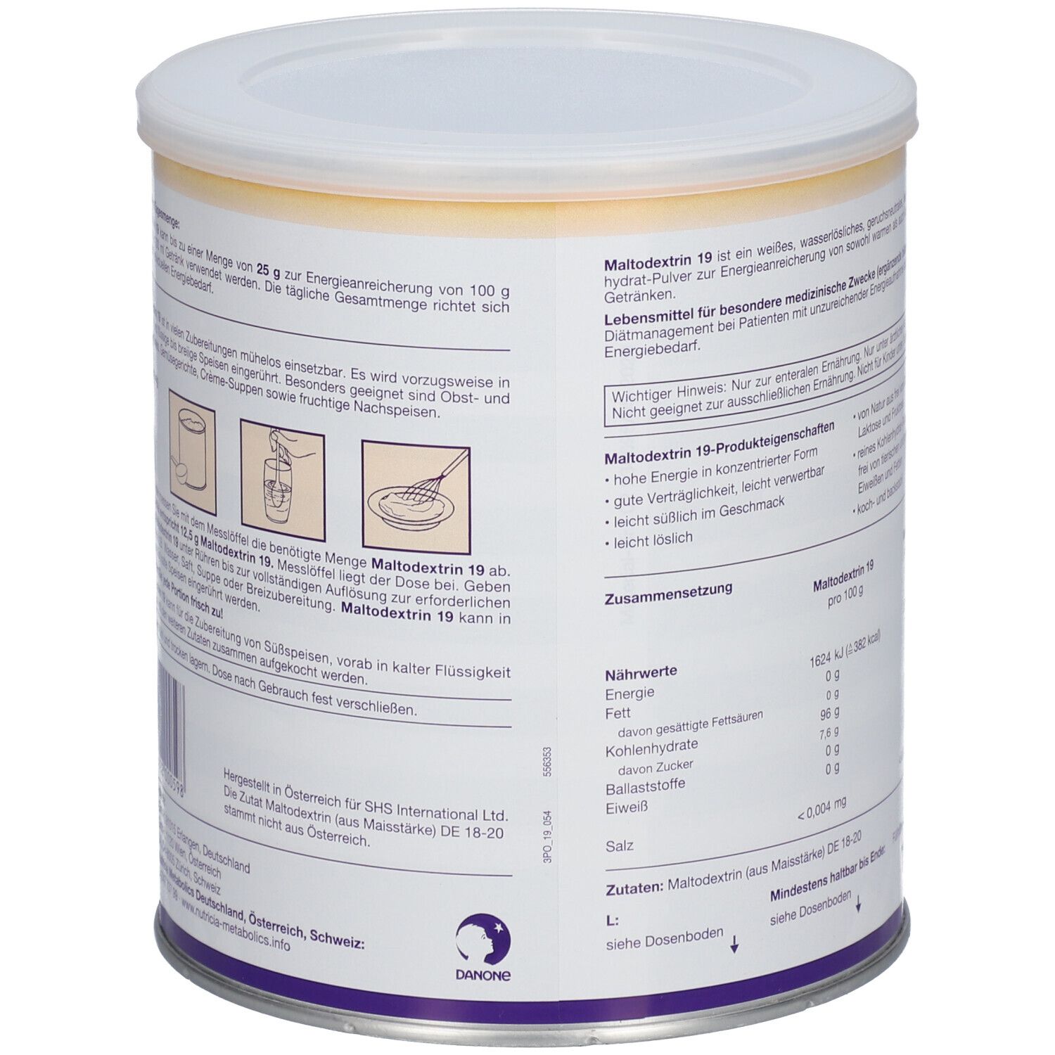 Dose NUTRICIA Maltodextrin 19, weißer Deckel, gelber Rand, Text und Nährwertangaben.
