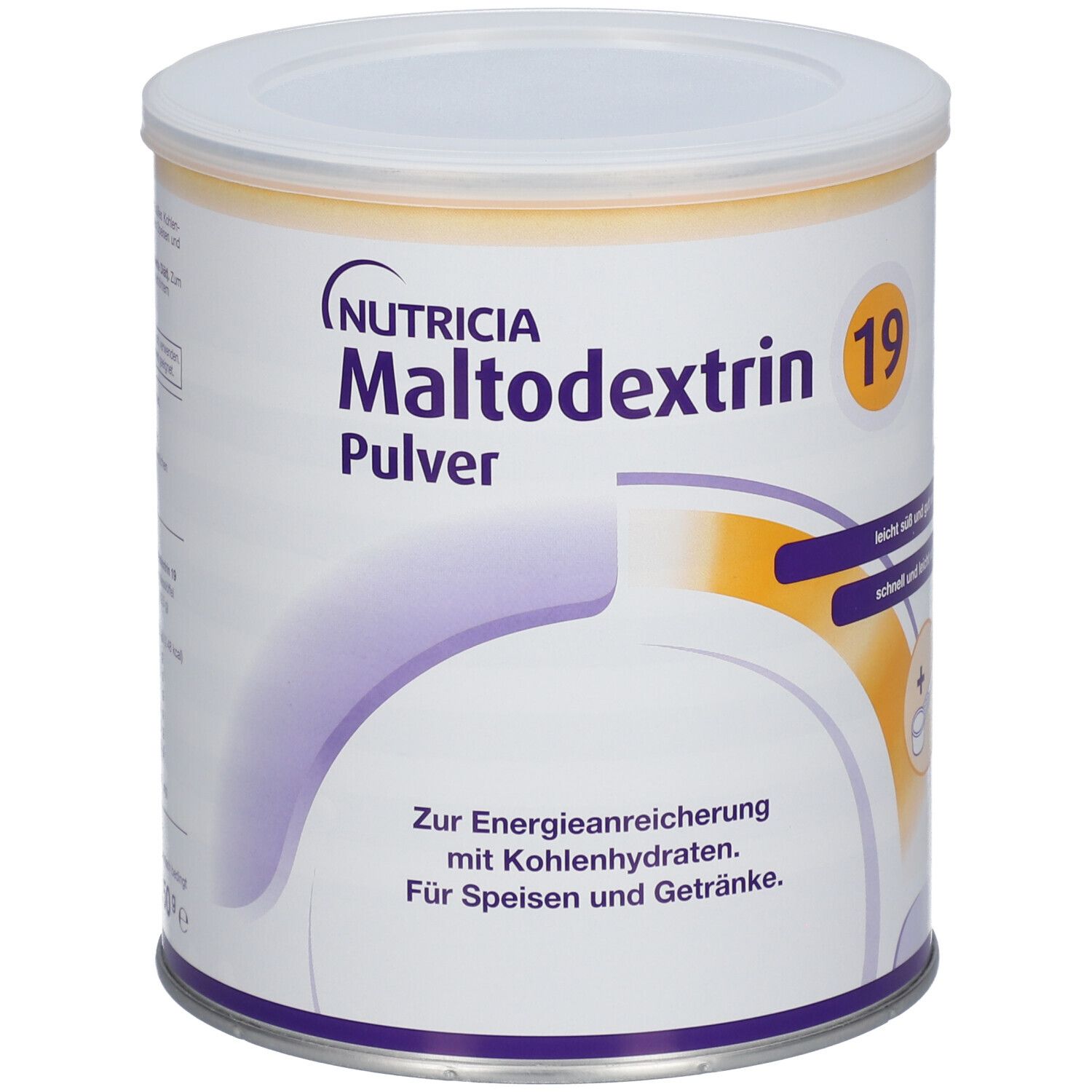 Dose NUTRICIA Maltodextrin 19, weißer Deckel, gelber Rand, Produktname und Logo.