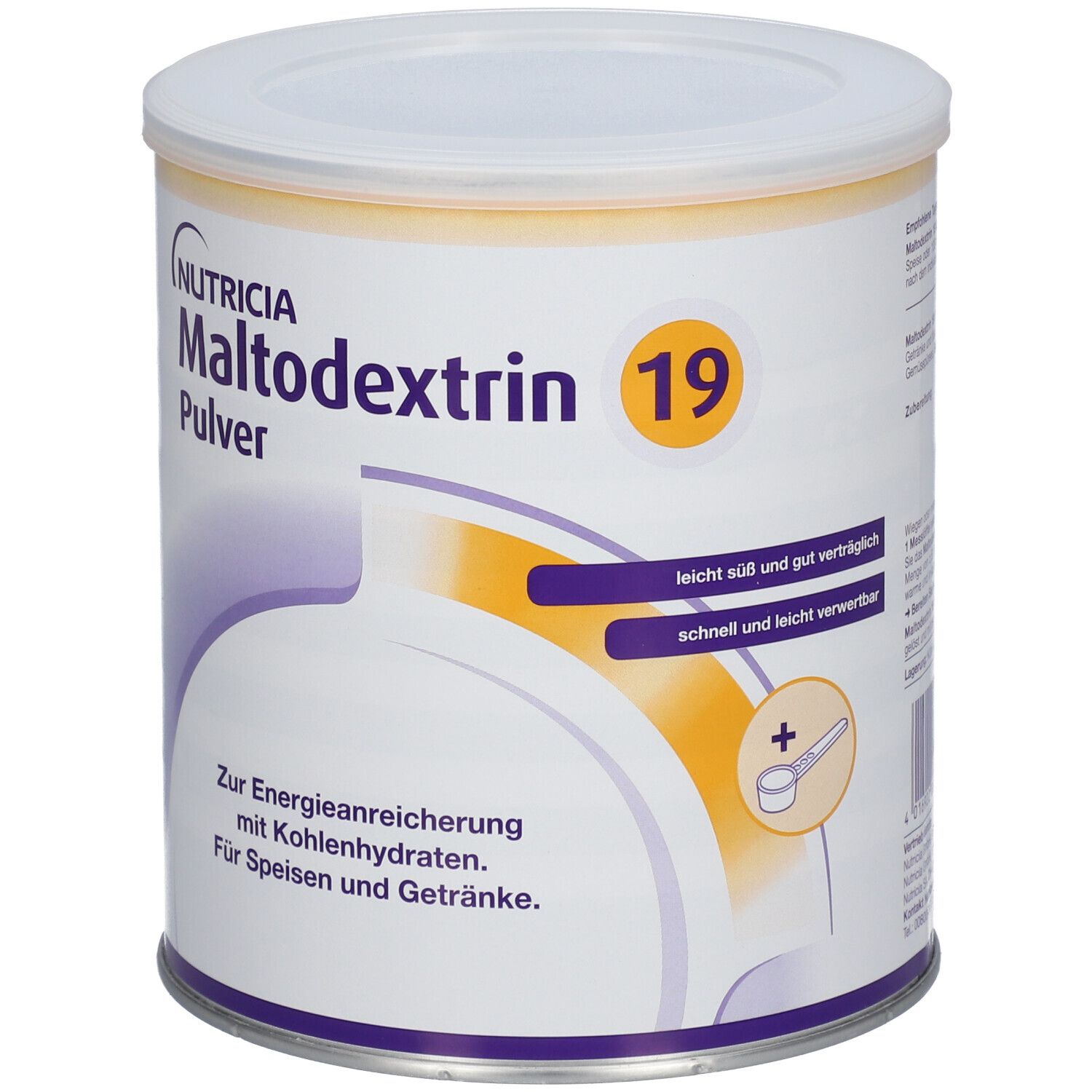 Dose NUTRICIA Maltodextrin 19, weißer Deckel, gelber Rand, Produktname, Logo und Dosierlöffel-Symbol.