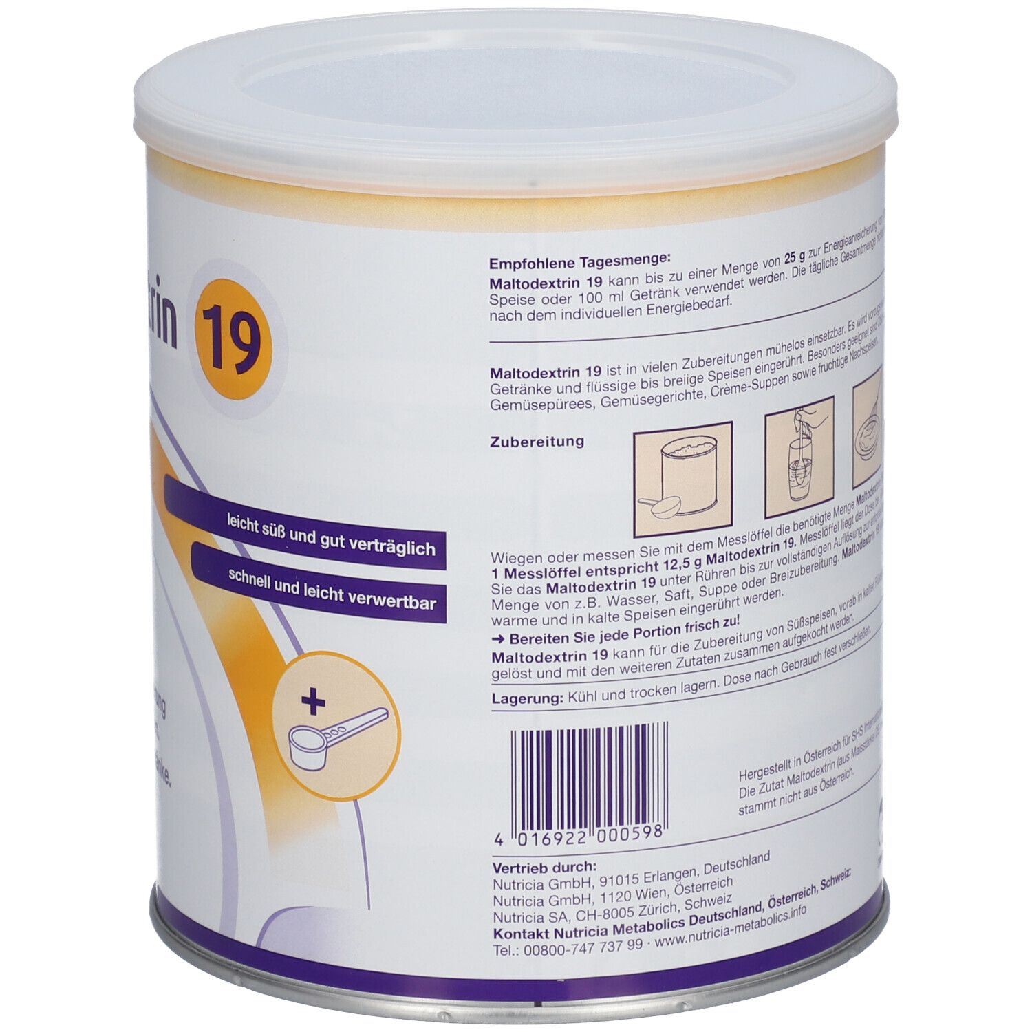 Dose NUTRICIA Maltodextrin 19, weißer Deckel, gelber Rand, Produktname, Logo, Dosierlöffel-Symbol und Text.