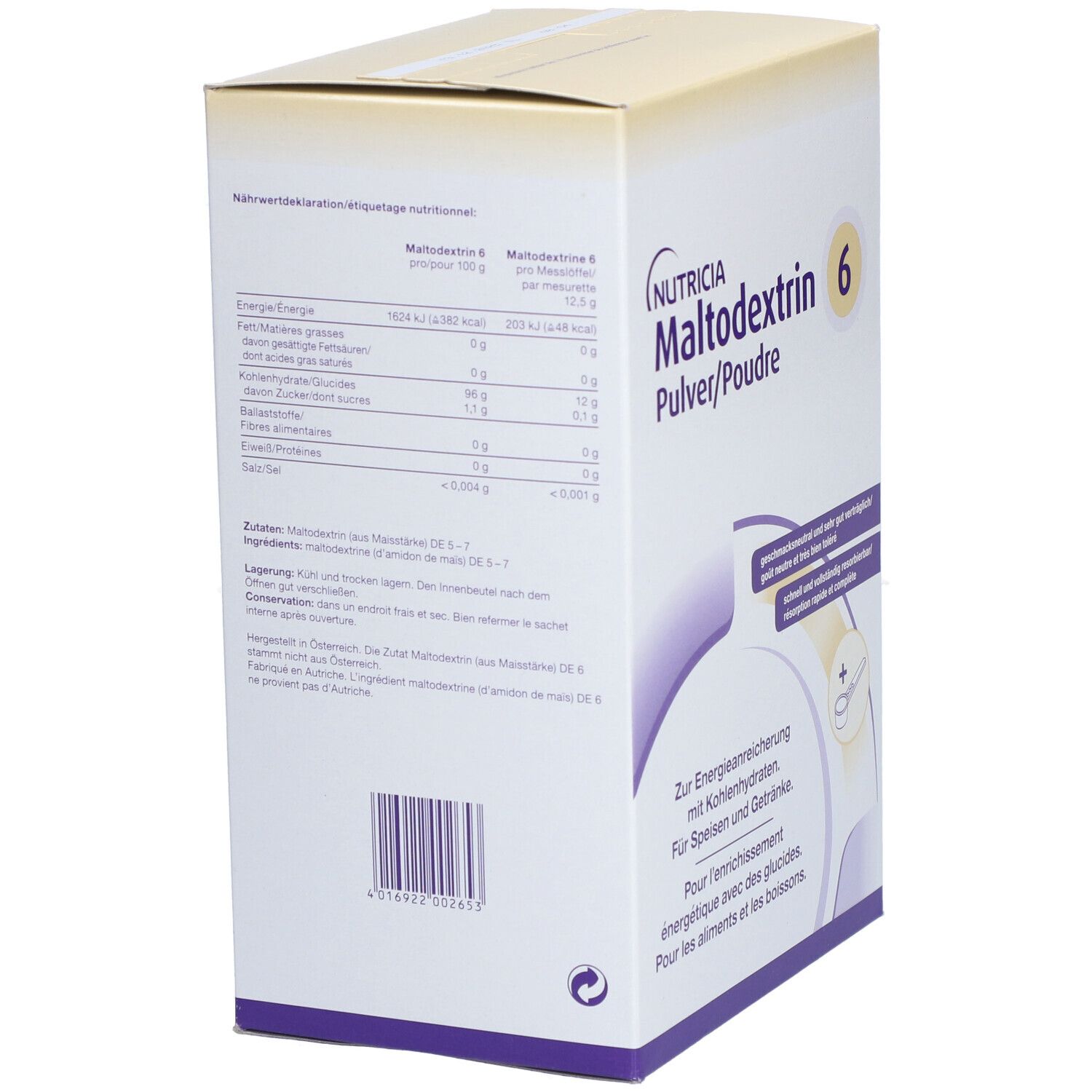 Dos de l'emballage en carton NUTRICIA Maltodextrin 6. Contient des informations nutritionnelles, un code-barres et du texte multilingue.