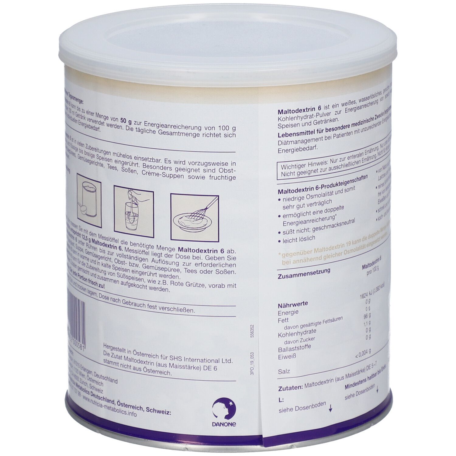 Boîte NUTRICIA Maltodextrin 6. Blanche avec couvercle bleu. Contient des informations nutritionnelles et du texte. Marque Danone.