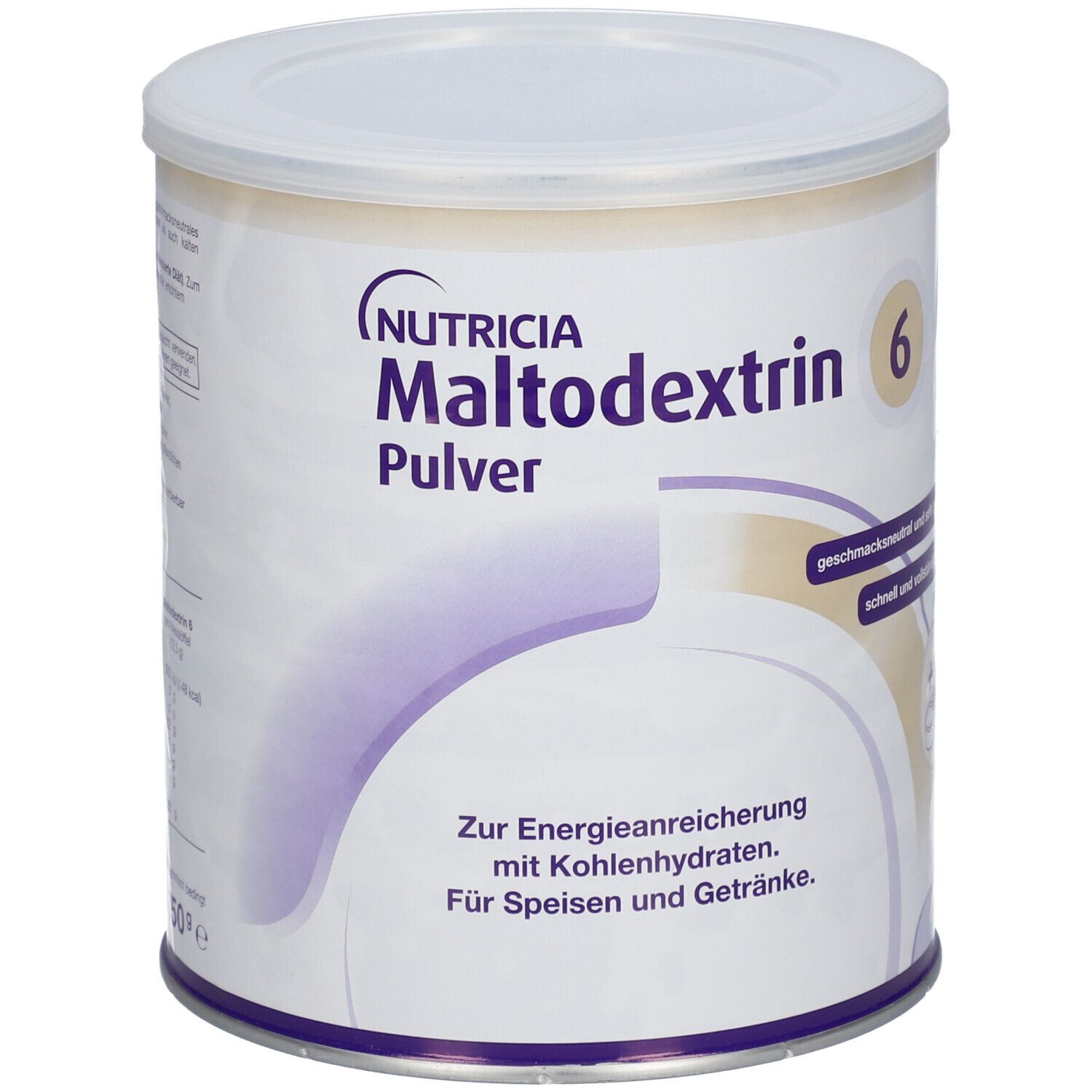 Boîte NUTRICIA Maltodextrin 6. Blanche avec couvercle bleu. Nom du produit et 6 jaune. Texte: Pulver.