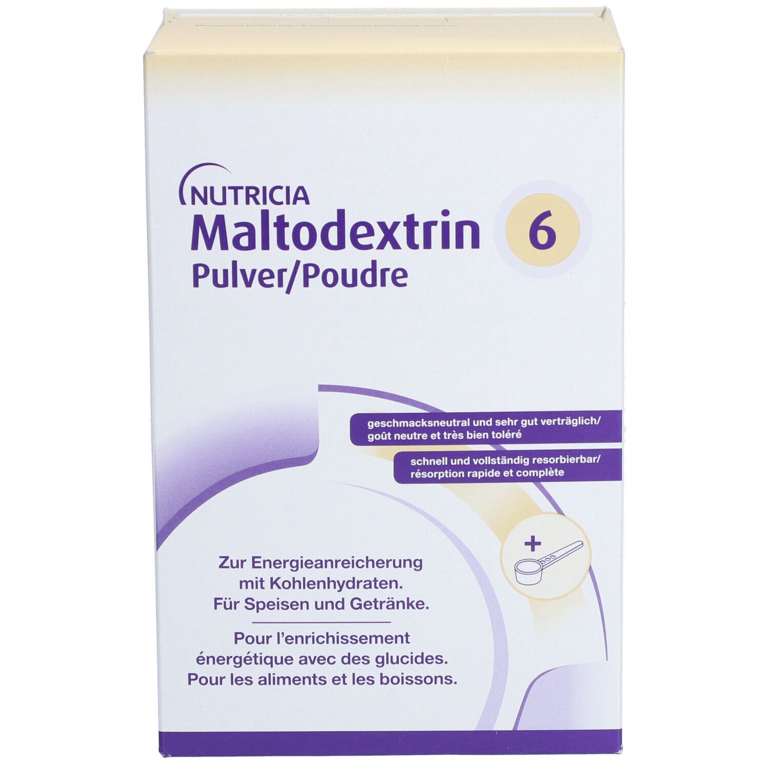 Boîte NUTRICIA Maltodextrin 6. Blanche, nom du produit et 6 jaune. Texte: Pulver/Poudre. Symbole de cuillère doseuse.