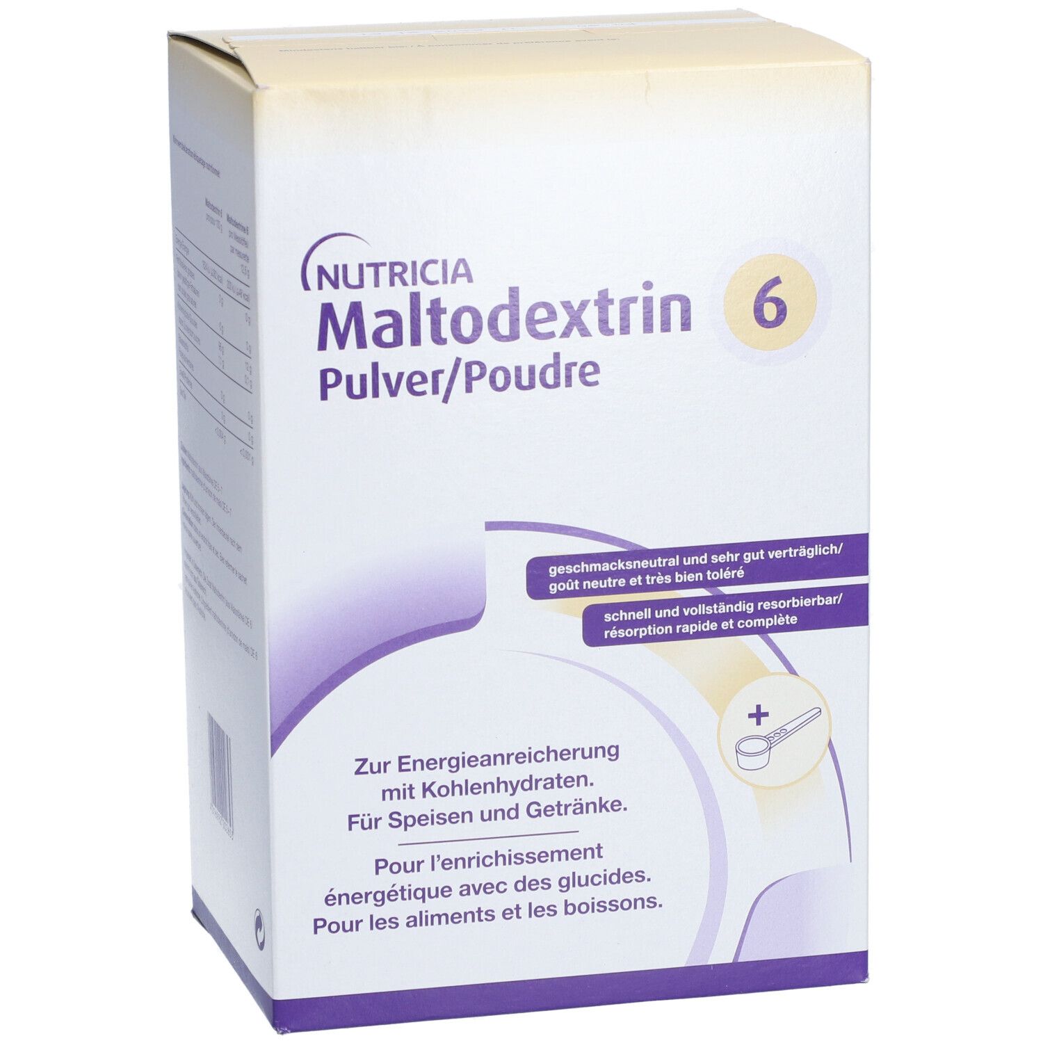 Boîte NUTRICIA Maltodextrin 6. Blanche, nom du produit et 6 jaune. Texte: Pulver/Poudre. Symbole de cuillère doseuse.