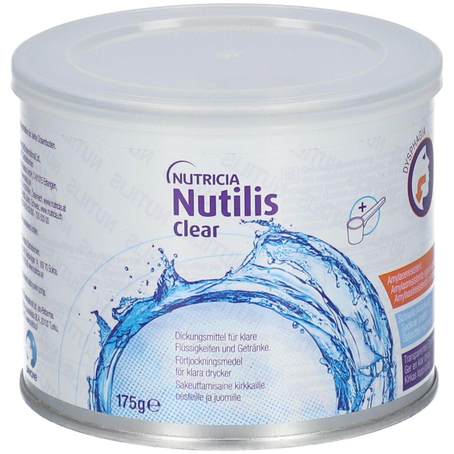 Boîte Nutilis Clear avec couvercle. Inscription: Nutricia, graphique d'eau, 175g. Texte en plusieurs langues.