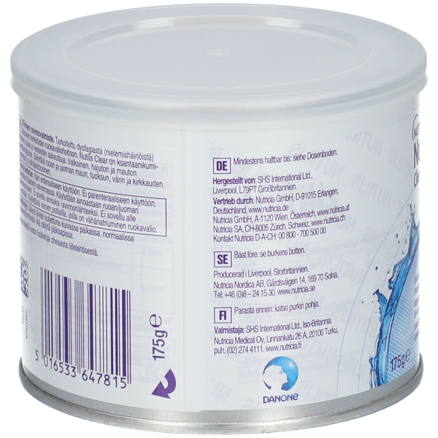 Dos de la boîte Nutilis Clear. Texte multilingue, code-barres, 175g. Logo Danone.