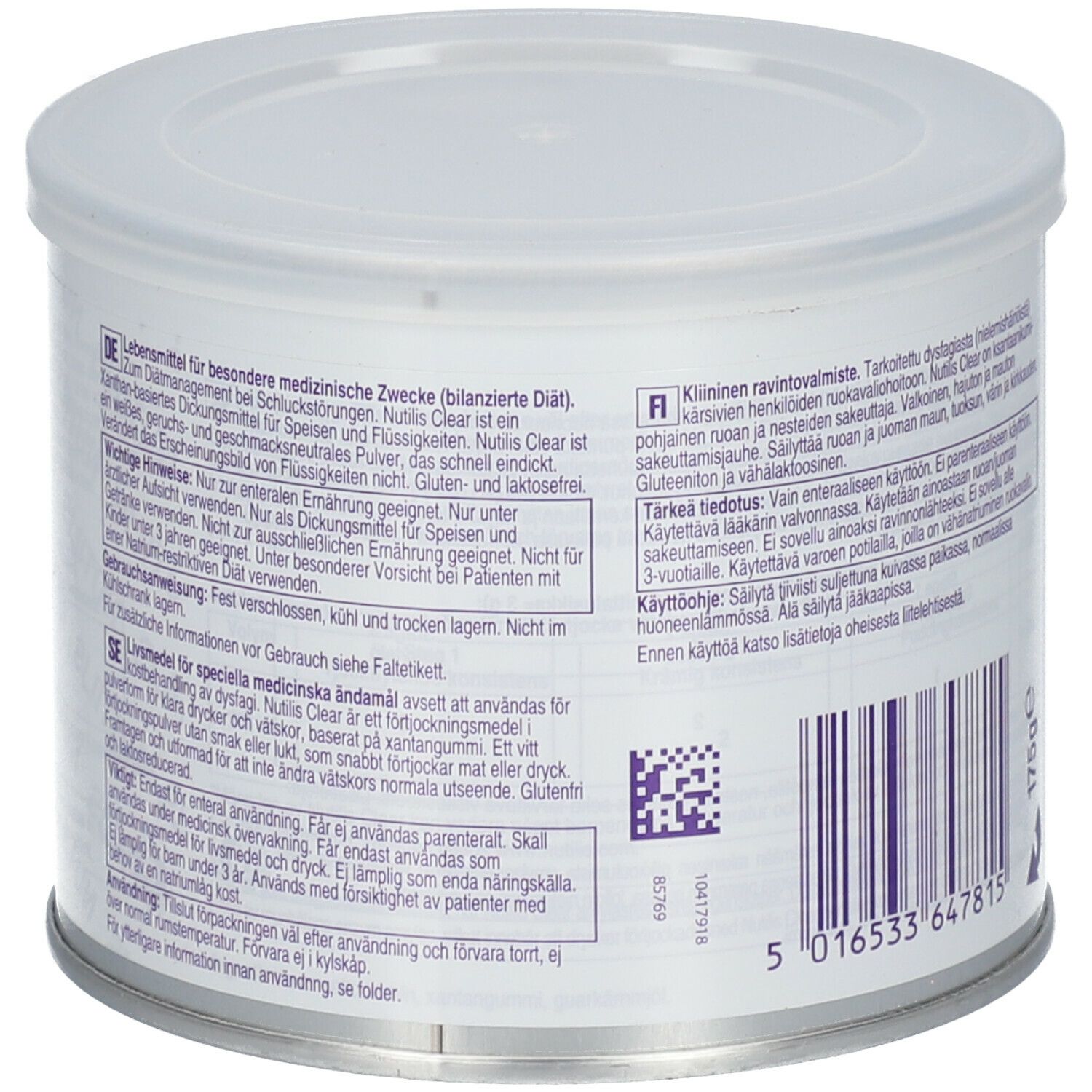 Boîte Nutilis Clear avec couvercle. Texte multilingue, code QR, 175g. Instructions d'utilisation.