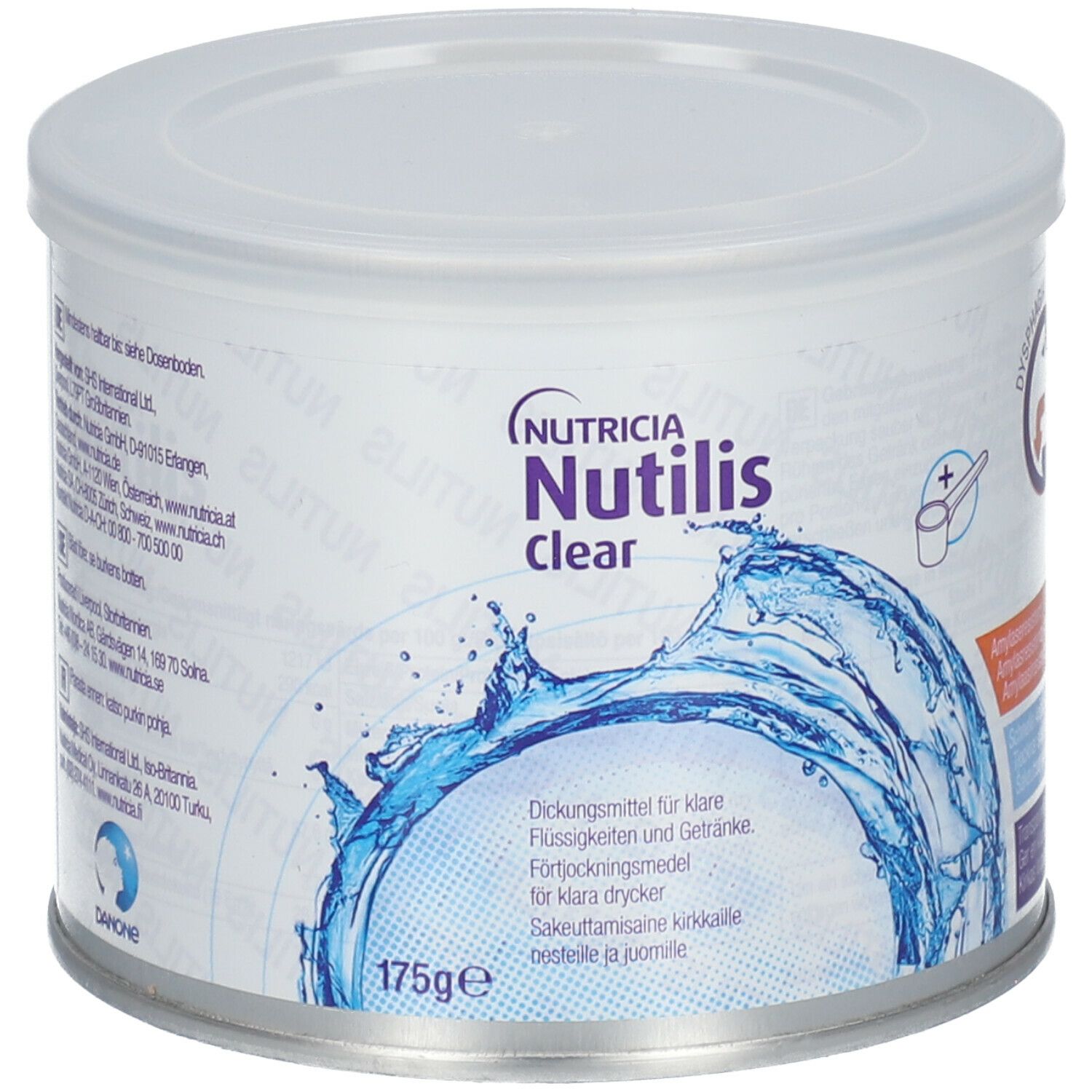 Boîte Nutilis Clear avec couvercle. Inscription: Nutricia, graphique d'eau, 175g. Texte en plusieurs langues.