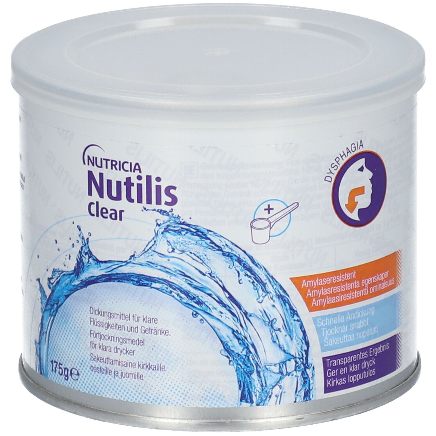 Boîte Nutilis Clear avec couvercle. Inscription: Nutricia, graphique d'eau, 175g. Texte, symbole de dysphagie.