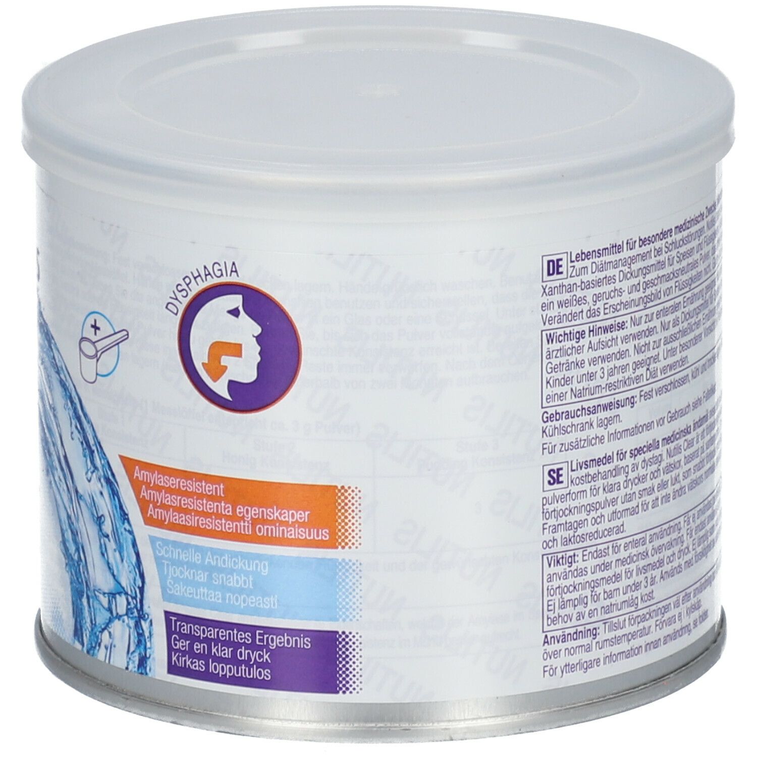 Dos de la boîte Nutilis Clear. Texte, symbole de dysphagie, 175g. Instructions d'utilisation.