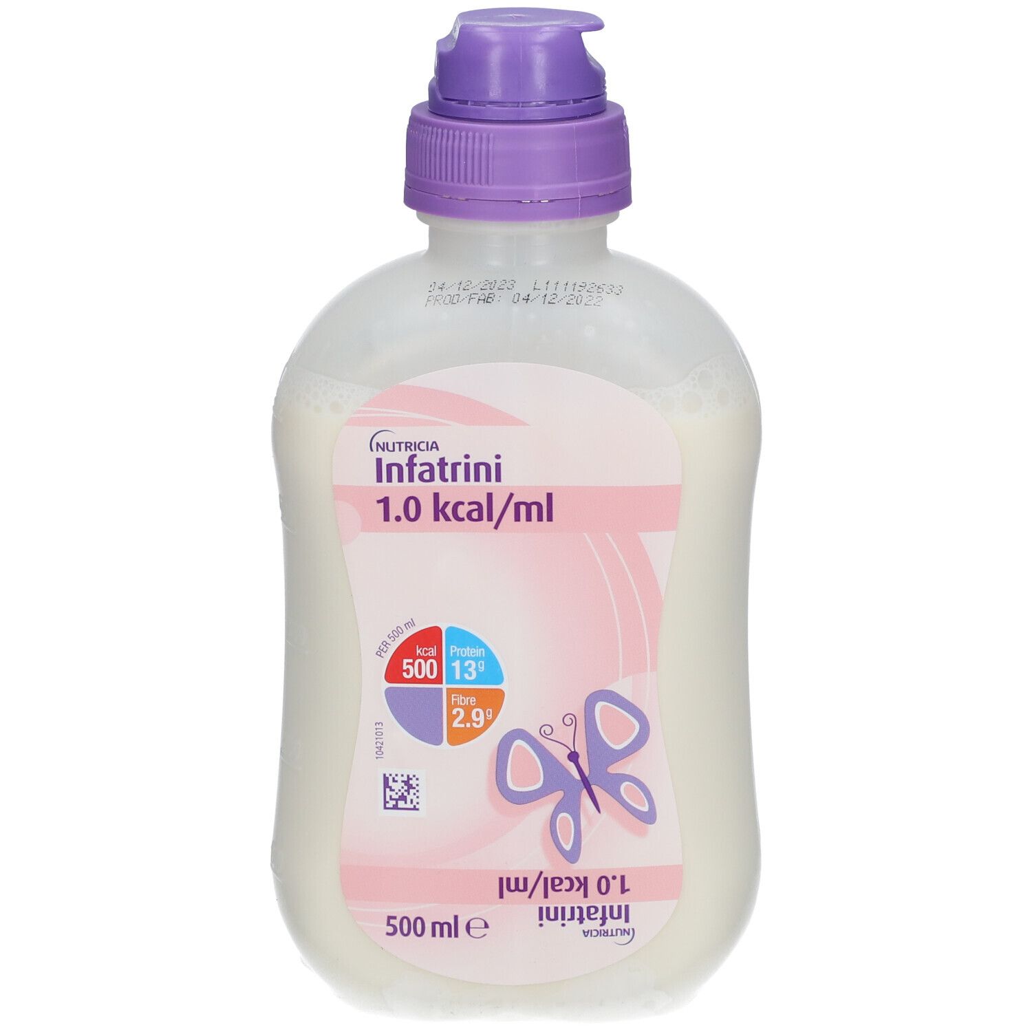 Flasche Infatrini, 1,0 kcal/ml. Lila Verschluss, rosa Etikett mit Schmetterling und Nährwertangaben. 500 ml.