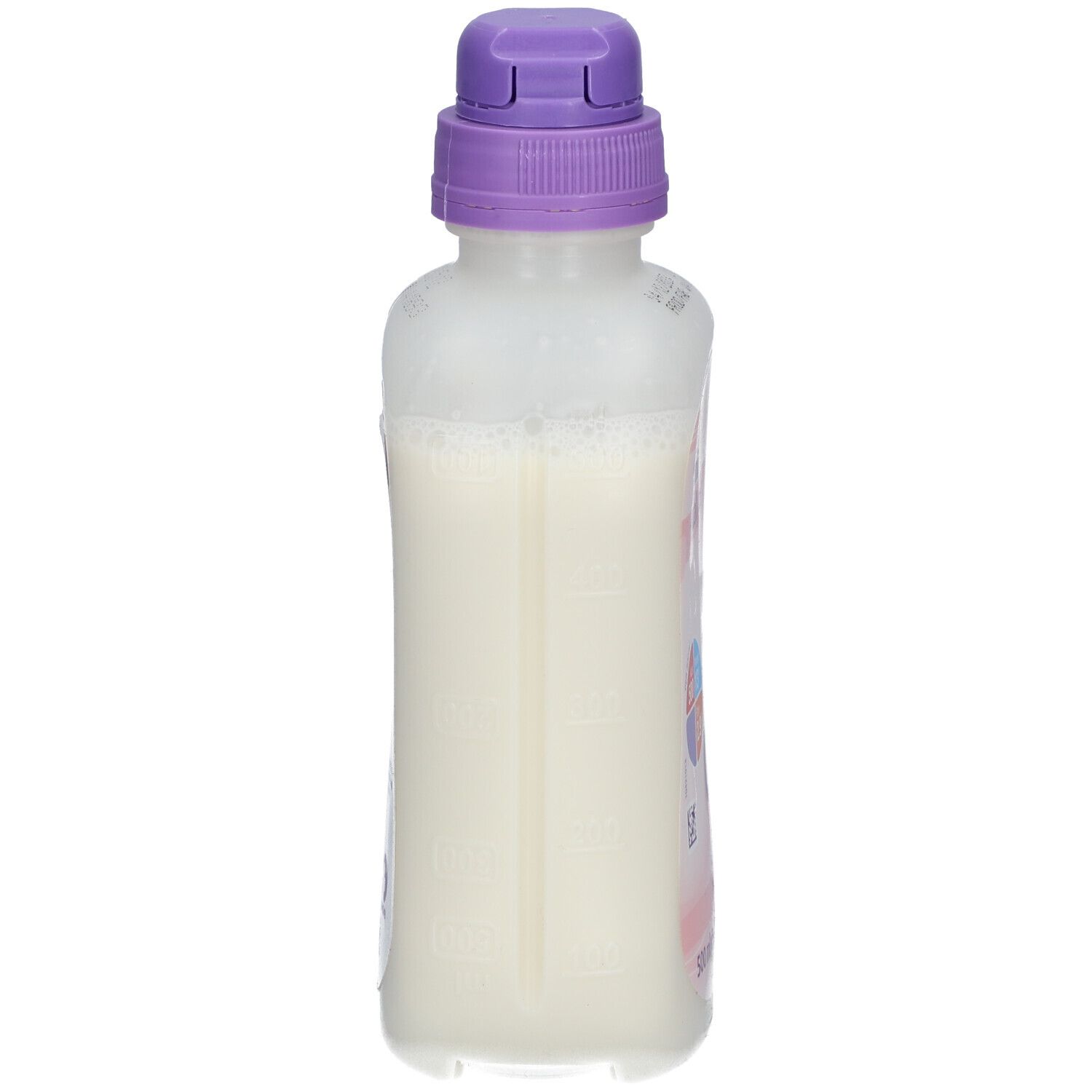 Flasche Infatrini, Seitenansicht. Durchsichtige Flasche mit Messskala. Lila Verschluss. Flüssigkeit sichtbar.