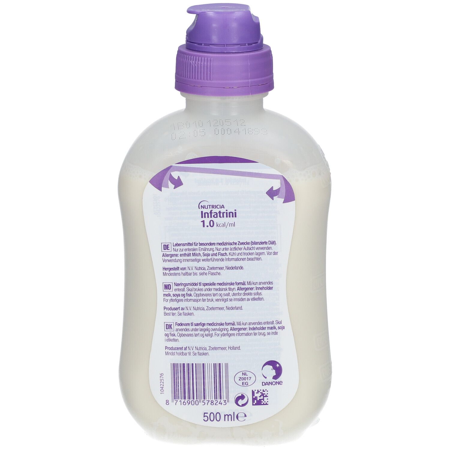 Rückseite der Infatrini-Flasche. Text in mehreren Sprachen, Nährwertangaben, Barcode und Logo. 500 ml.