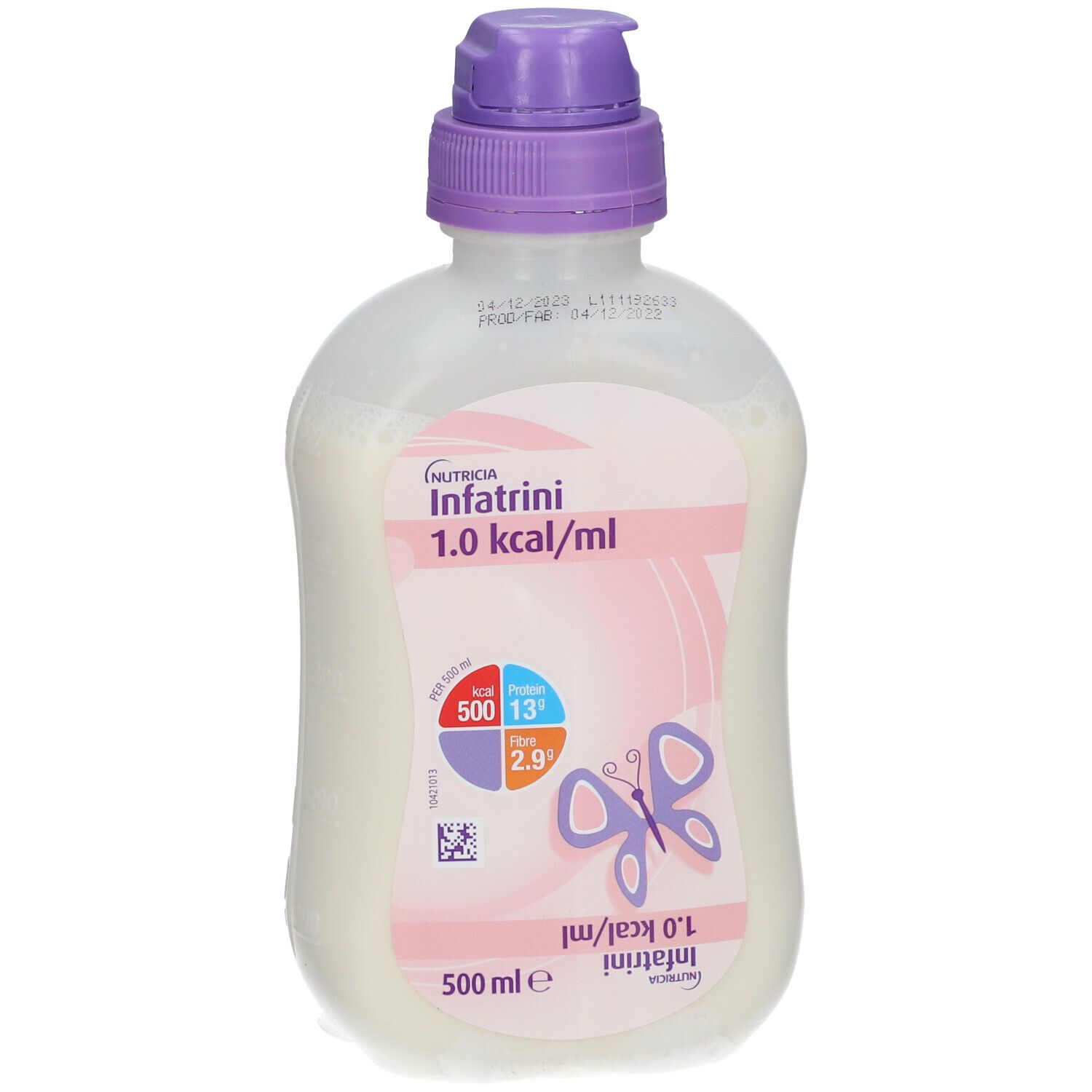Flasche Infatrini, 1,0 kcal/ml. Lila Verschluss, rosa Etikett mit Schmetterling und Nährwertangaben. 500 ml.