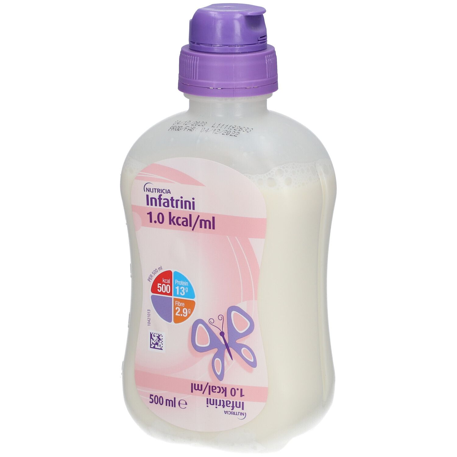 Flasche Infatrini, 1,0 kcal/ml. Lila Verschluss, rosa Etikett mit Schmetterling und Nährwertangaben. 500 ml.