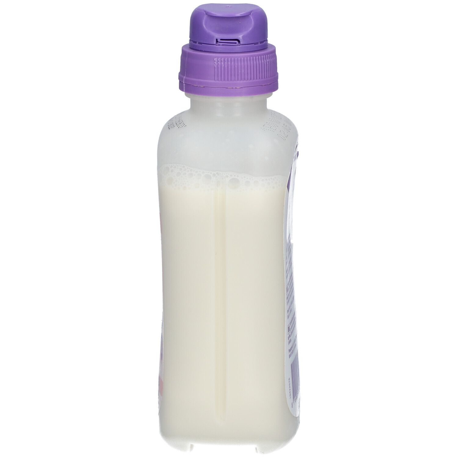 Flasche Infatrini, Seitenansicht. Durchsichtige Flasche mit Messskala. Lila Verschluss. Flüssigkeit sichtbar.