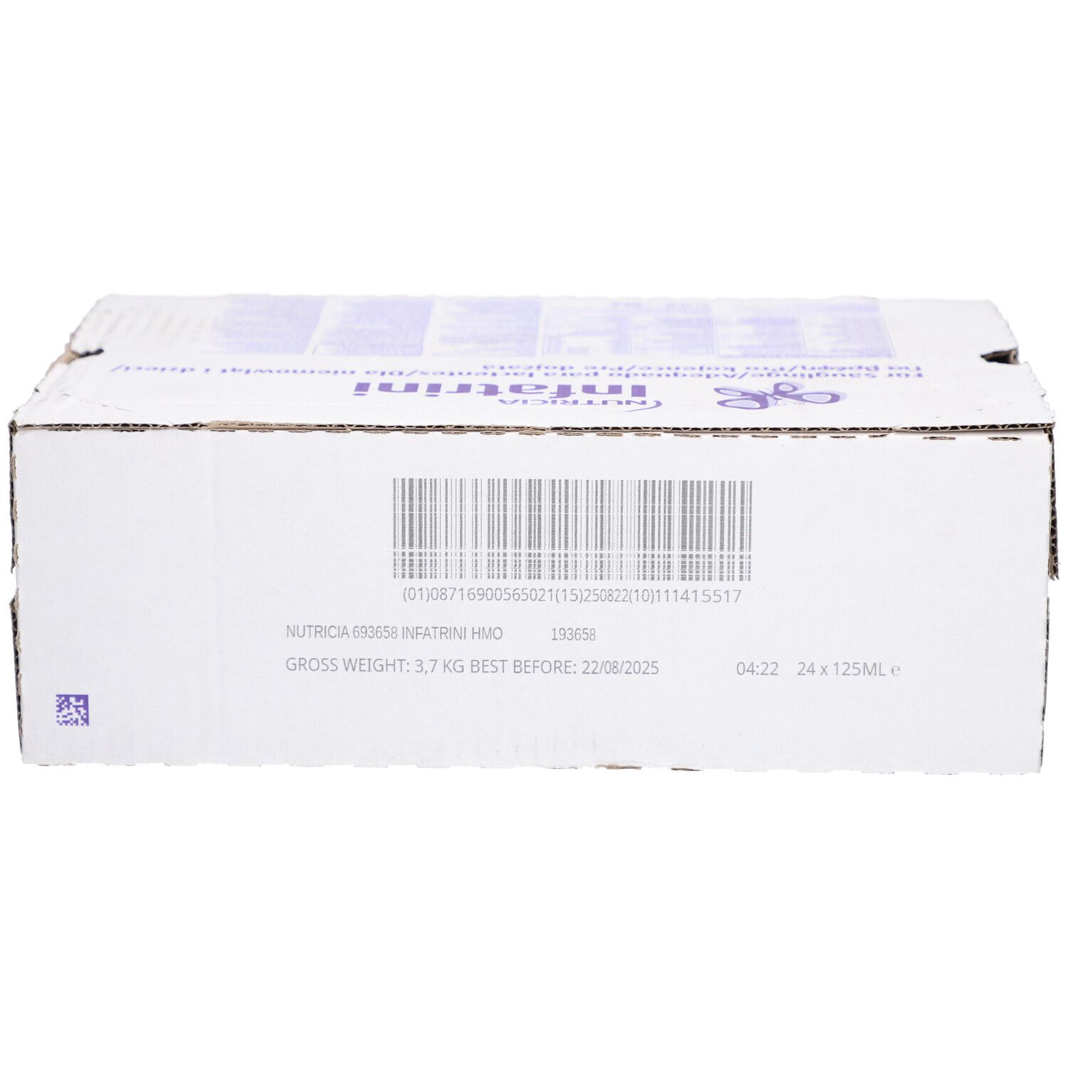 Karton mit Infatrini-Packungen. Barcode, Chargennummer und Mindesthaltbarkeitsdatum.
