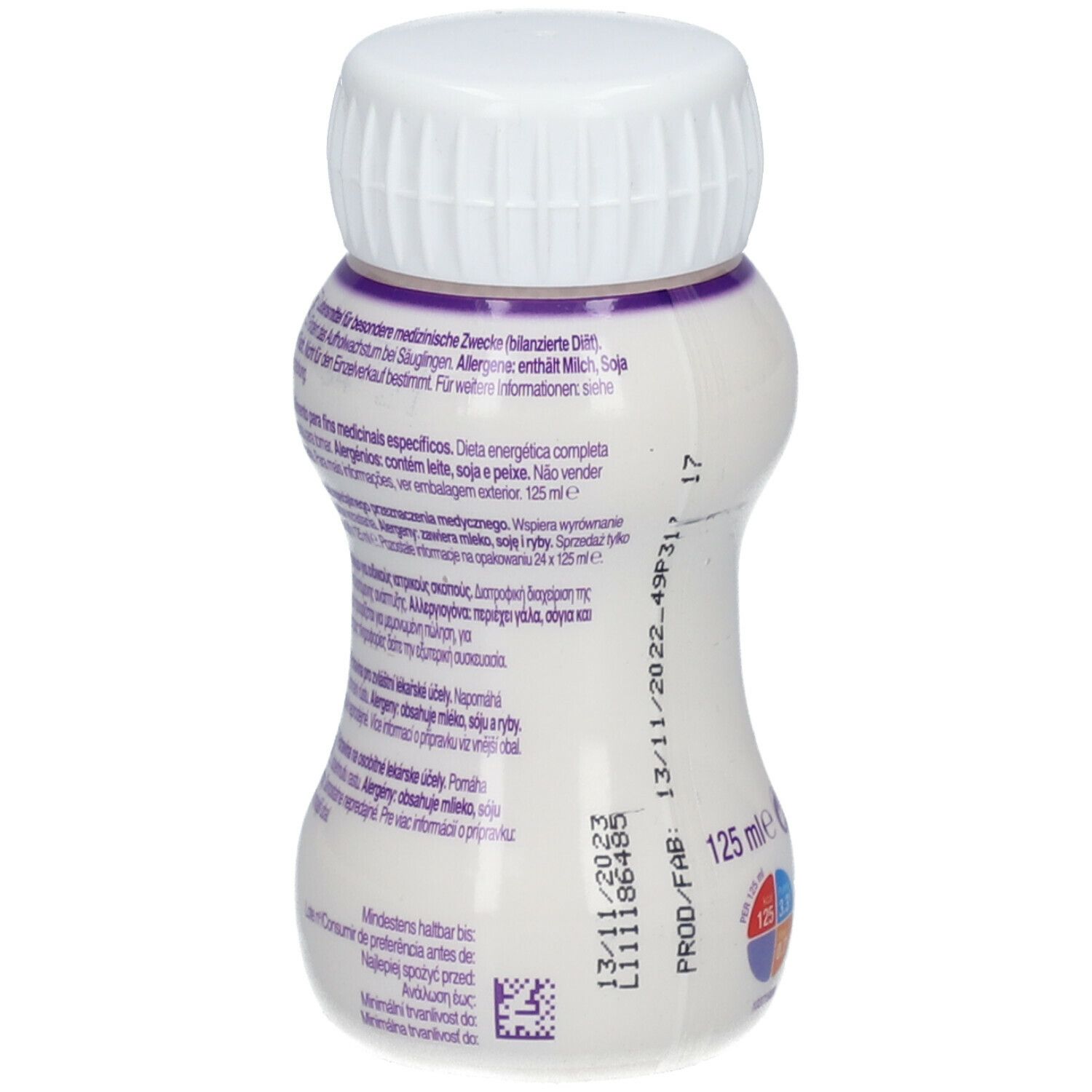 Infatrini-Flasche mit weißem Deckel. Etikett mit Informationen in mehreren Sprachen. 125 ml.