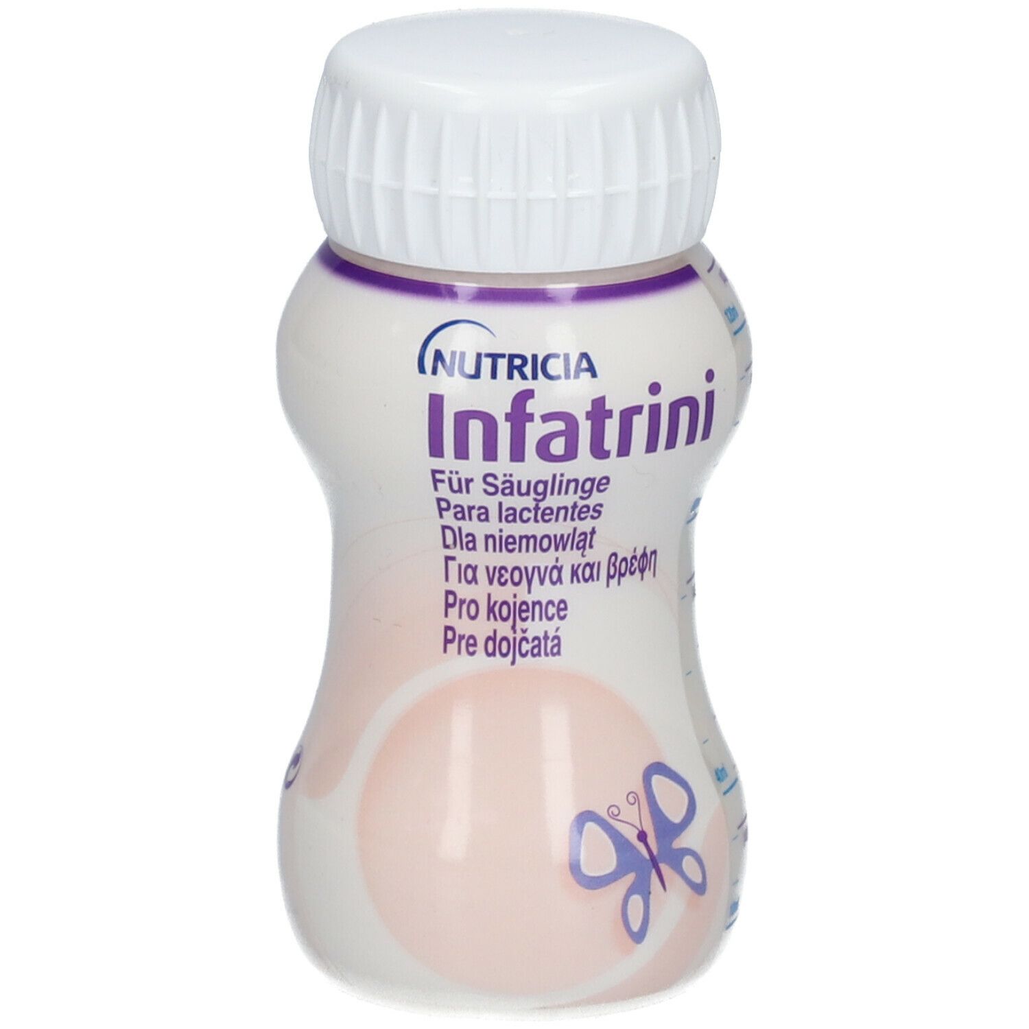 Infatrini-Flasche mit weißem Deckel. Logo, Schmetterling und Text in mehreren Sprachen.