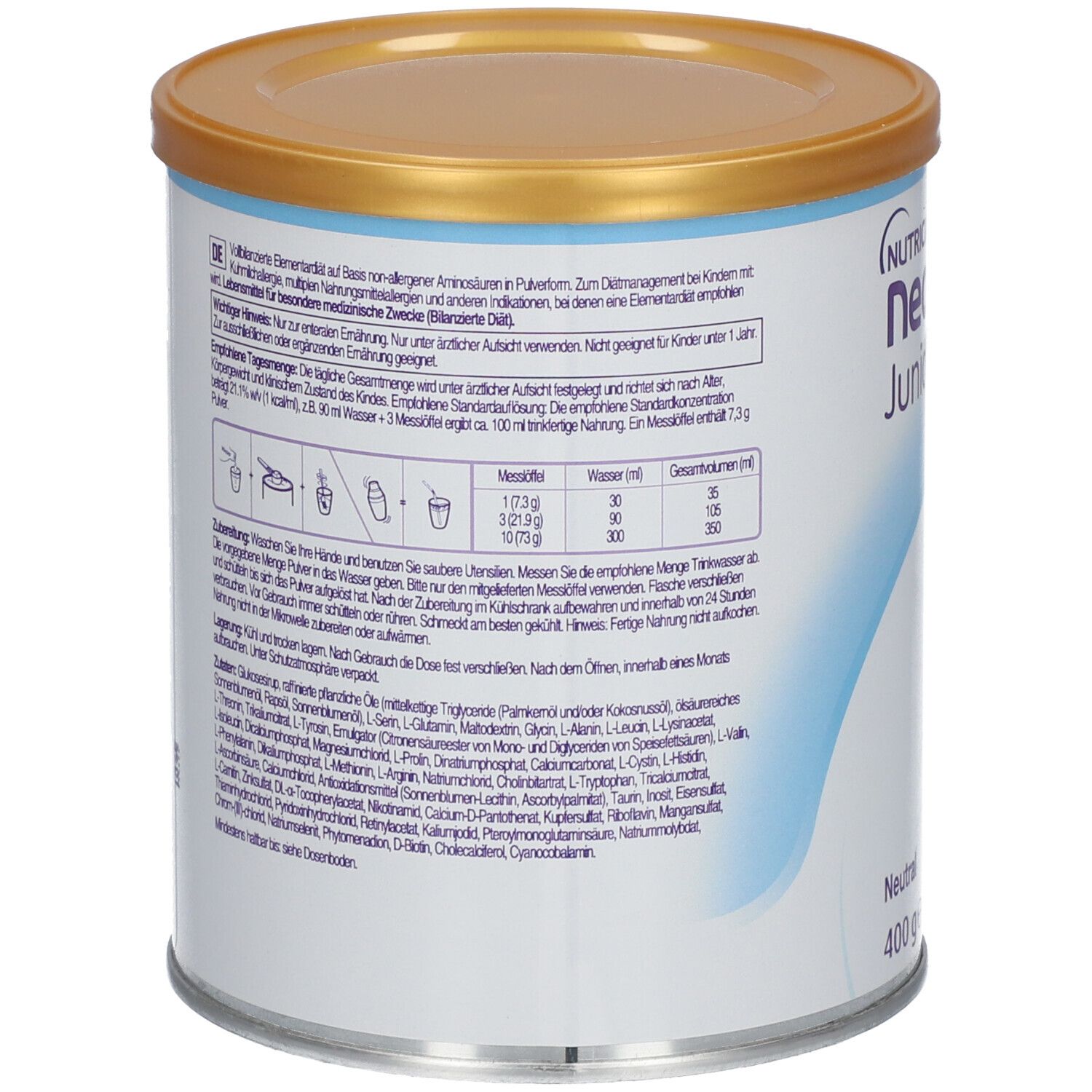 Dose Neocate Junior, 400g, mit Zutatenliste und Dosieranleitung. Goldfarbener Deckel, silberfarbener Behälter.