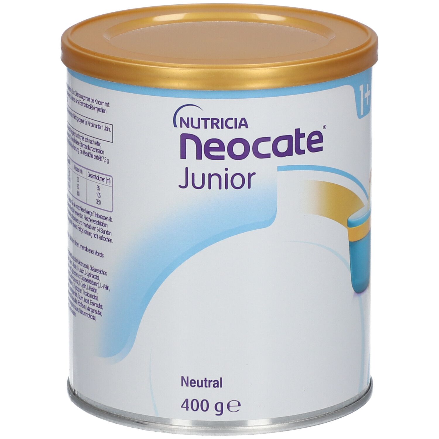 Neocate Junior Dose, 400g, mit blau-weißem Design. Goldfarbener Deckel. Aufschrift: Neutral.