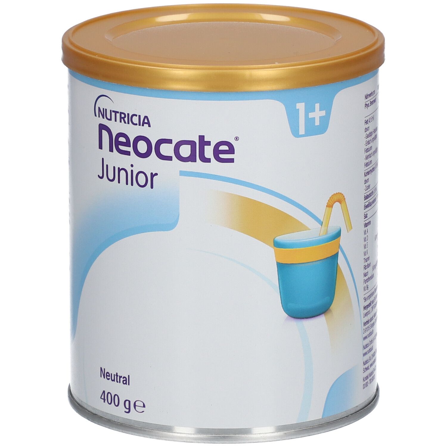 Neocate Junior Dose, 400g, mit blau-weißem Design. Goldfarbener Deckel. Abbildung: Becher mit Strohhalm.