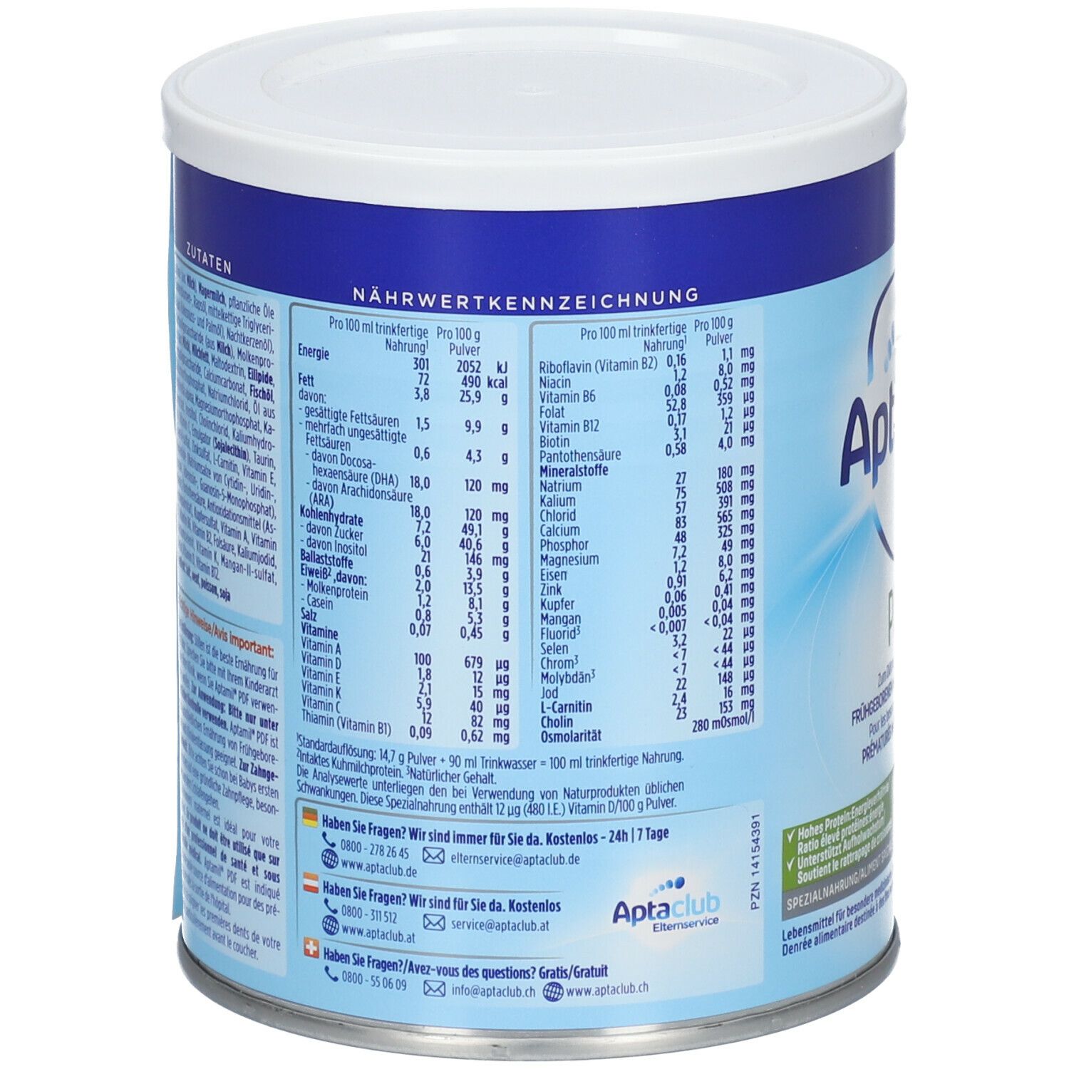 Boîte Aptamil PDF, dos. Contient des informations nutritionnelles, des coordonnées et le logo Aptamil.
